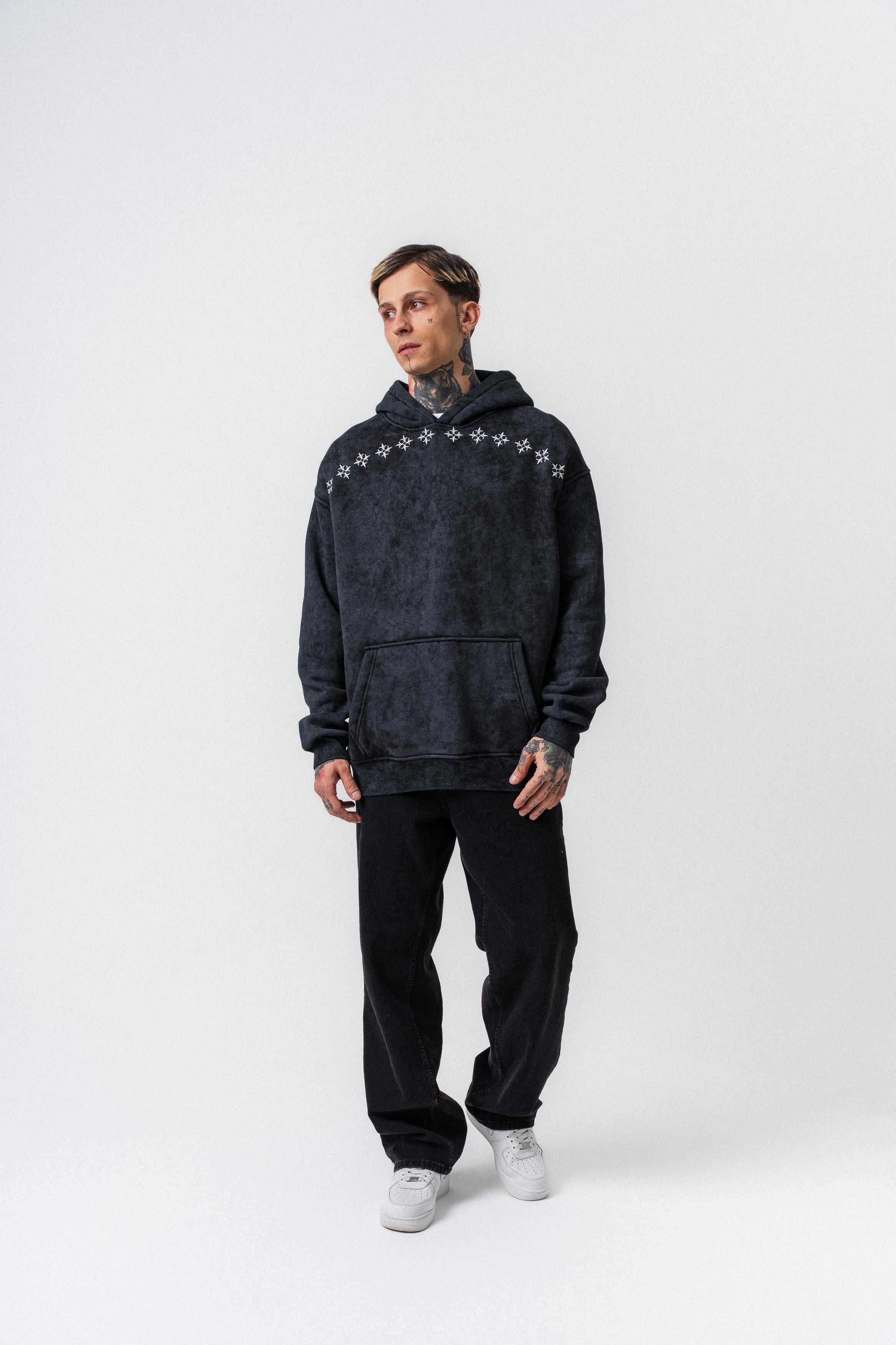 Erkek Muse Baskılı Yıkamalı Kapüşonlu Oversize Hoodie Siyah