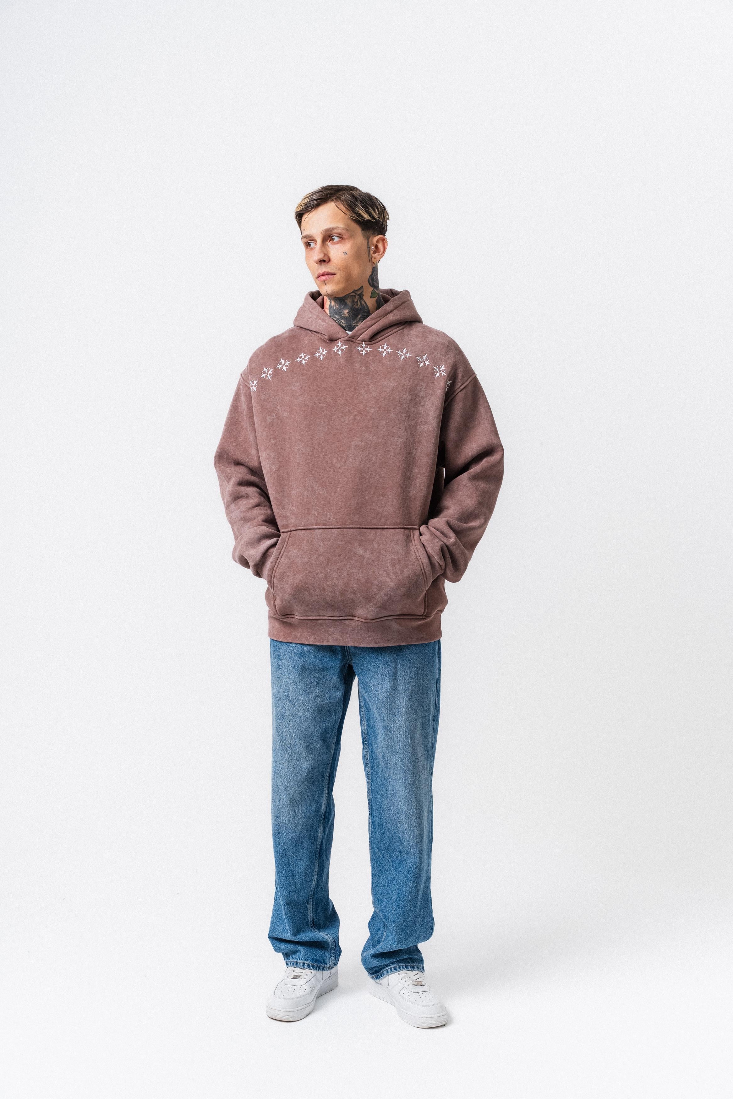 Erkek Muse Baskılı Yıkamalı Kapüşonlu Oversize Hoodie Kakao