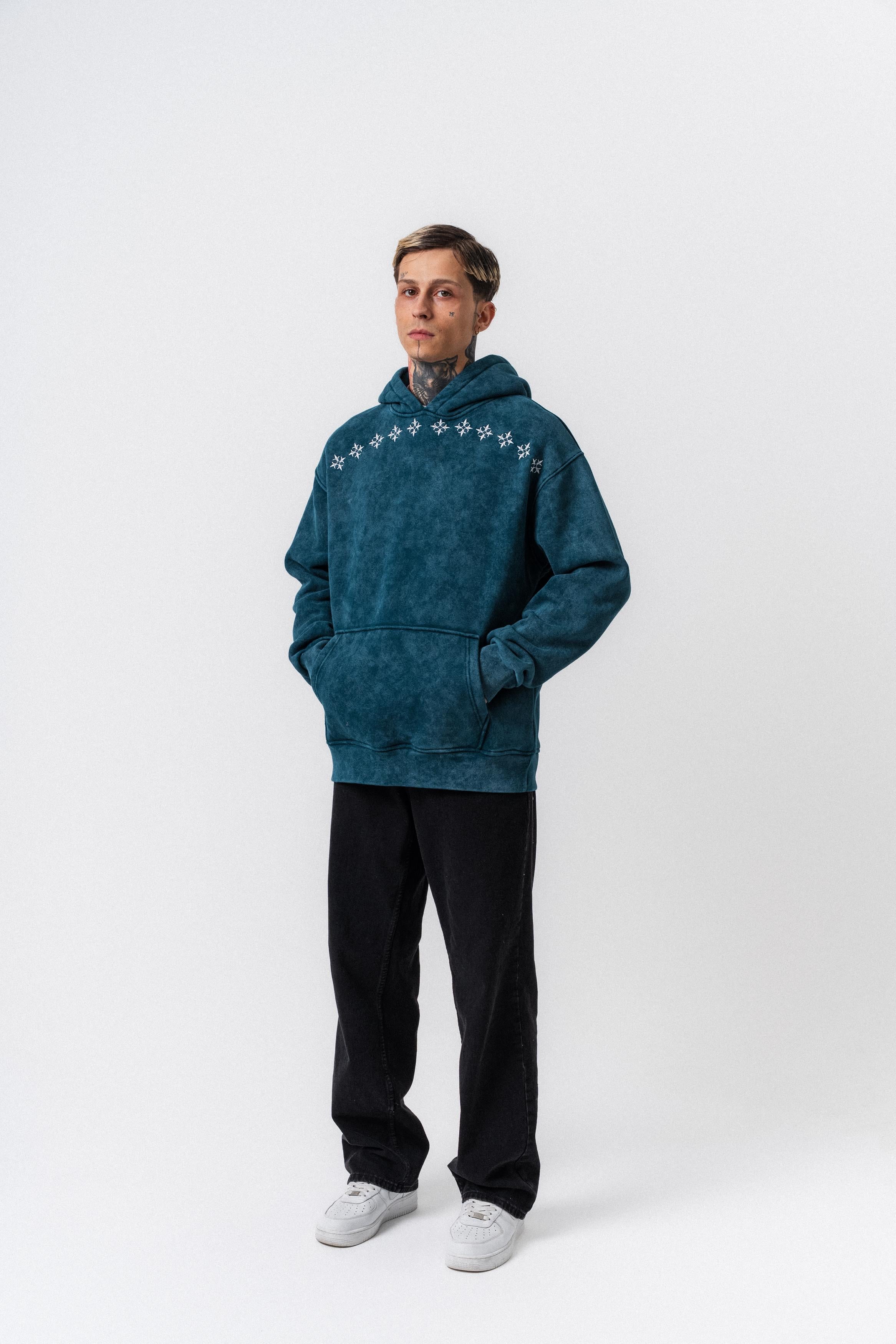 Erkek Muse Baskılı Yıkamalı Kapüşonlu Oversize Hoodie Zümrüt