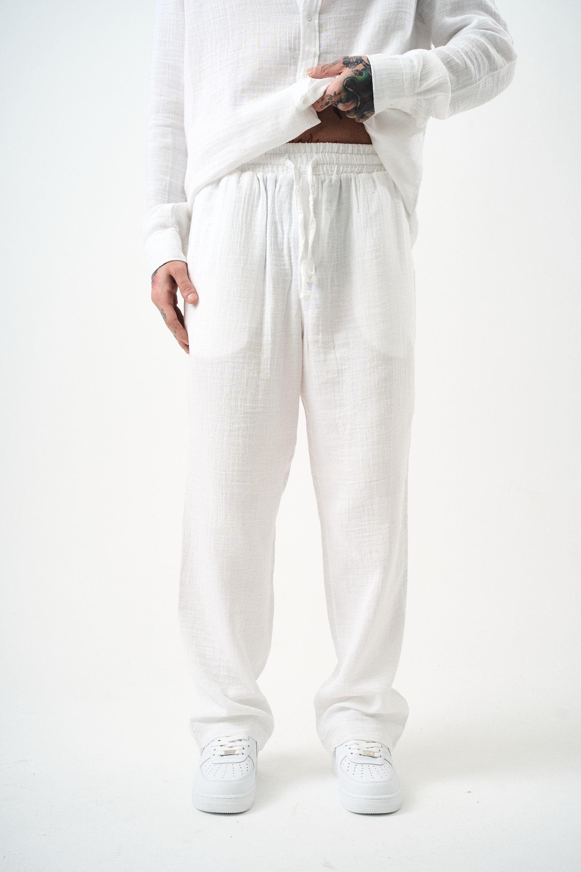 Erkek Müslin Baggy Pantolon Beyaz