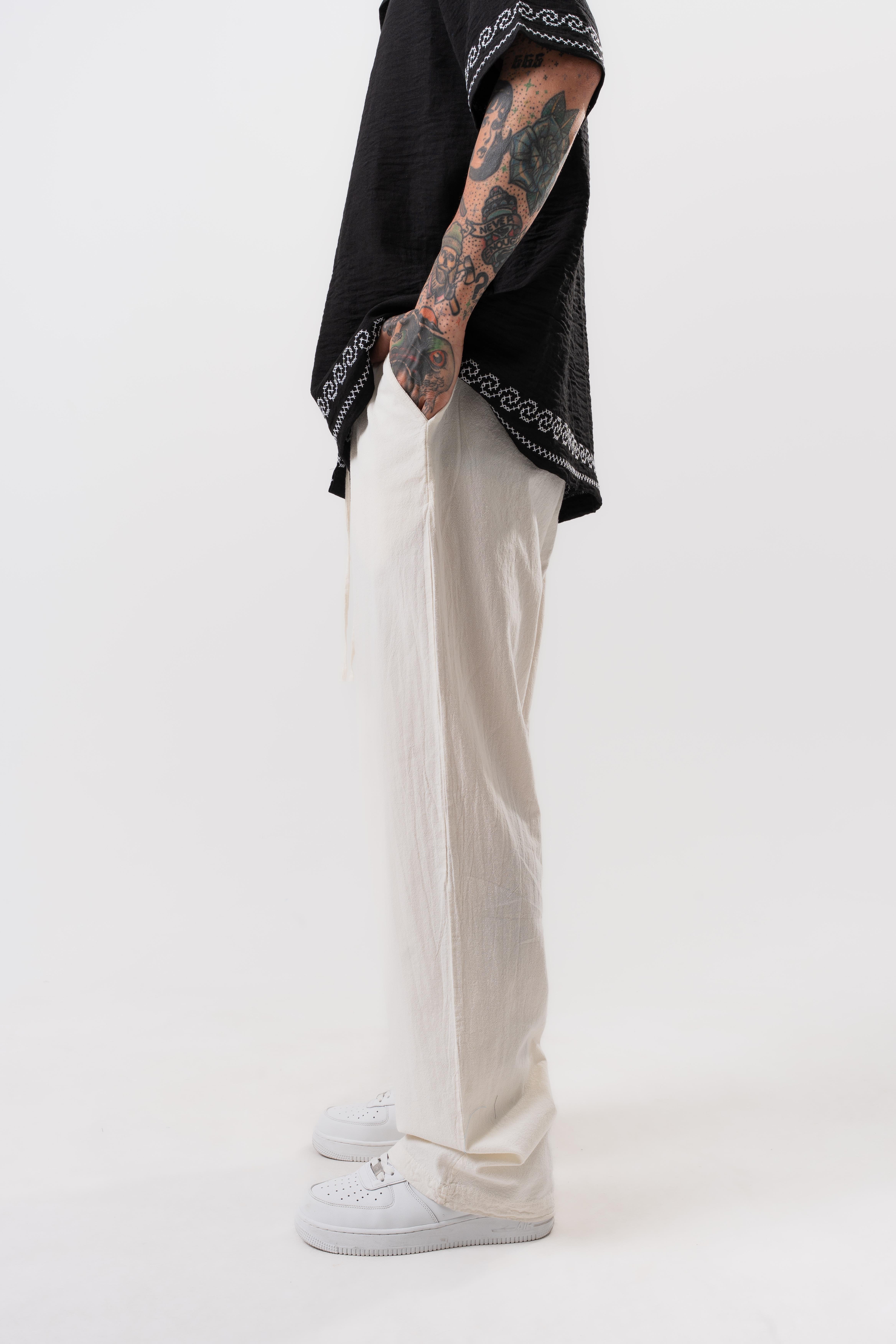 Erkek Müslin Kumaş Baggy Pantolon Ekru