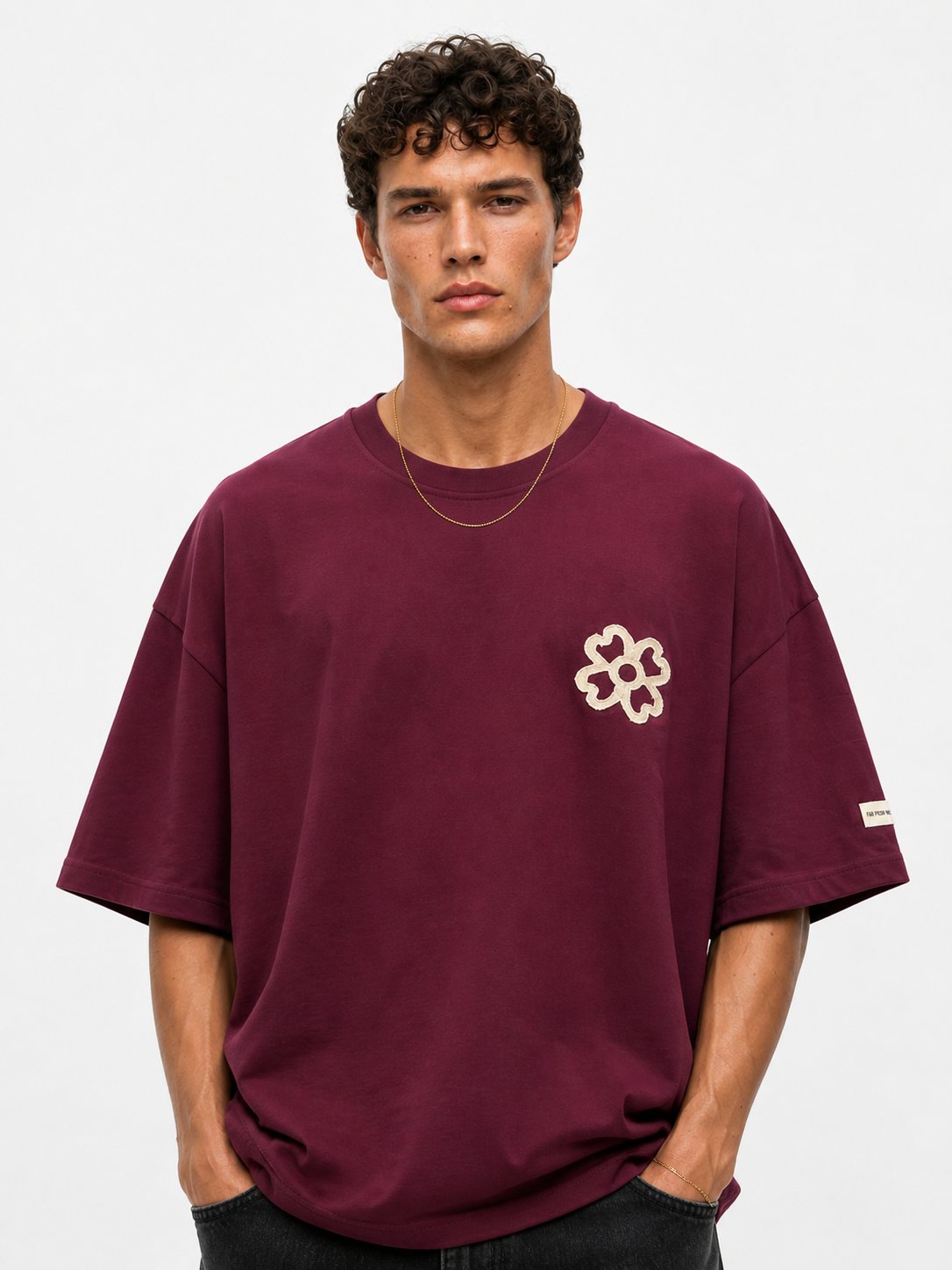 Erkek Nakış Detaylı Oversize T-Shirt Vişne