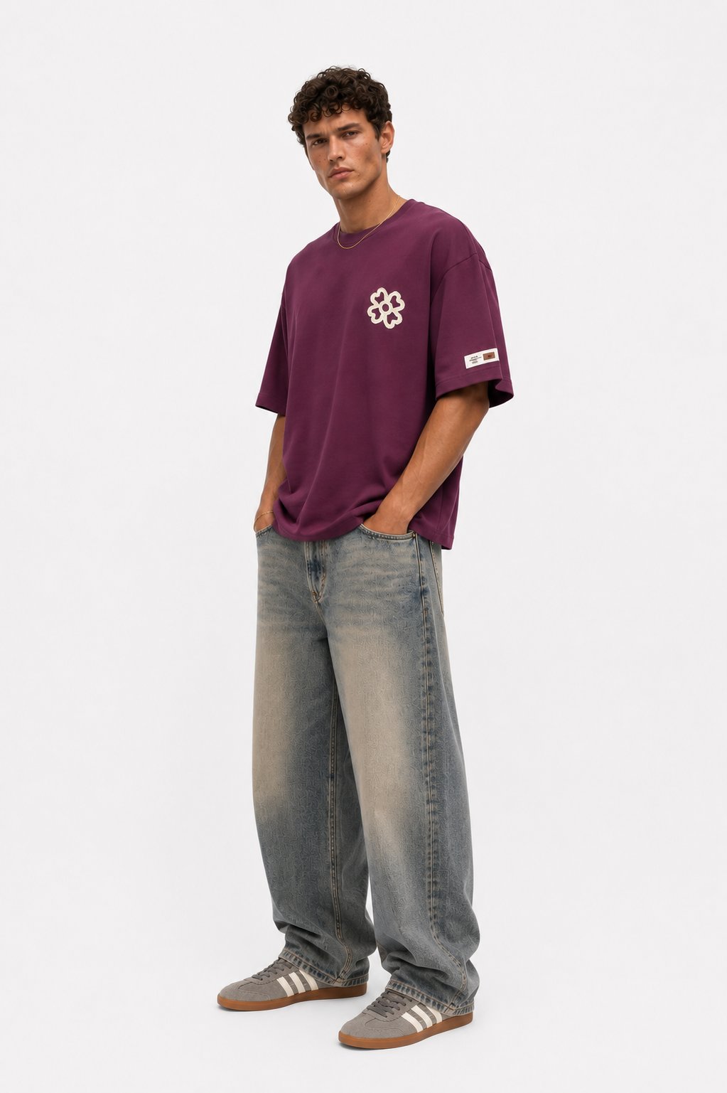 Erkek Nakış Detaylı Oversize T-Shirt Vişne