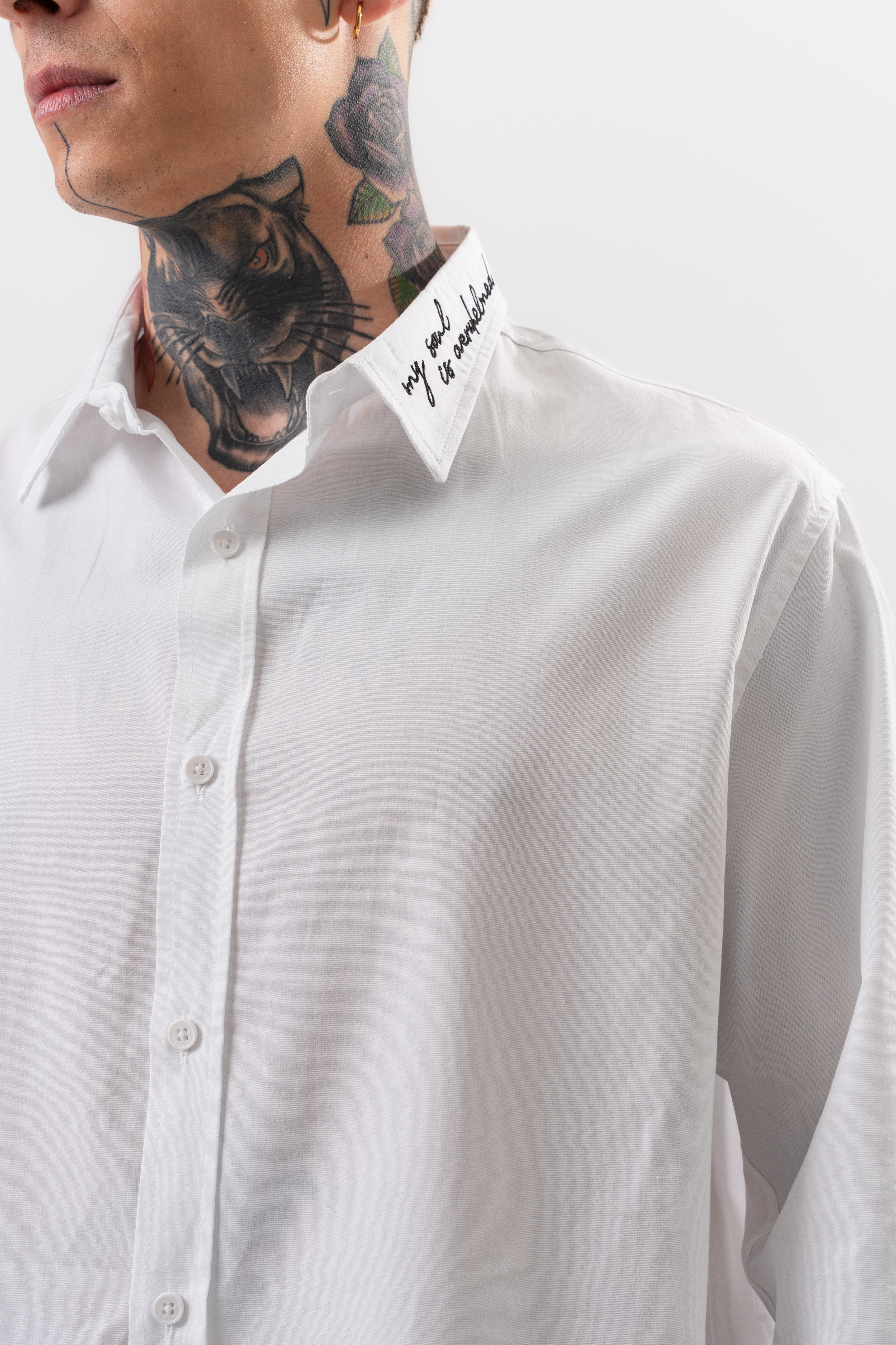 Erkek Nakış Detaylı Poplin Oversize Gömlek Beyaz