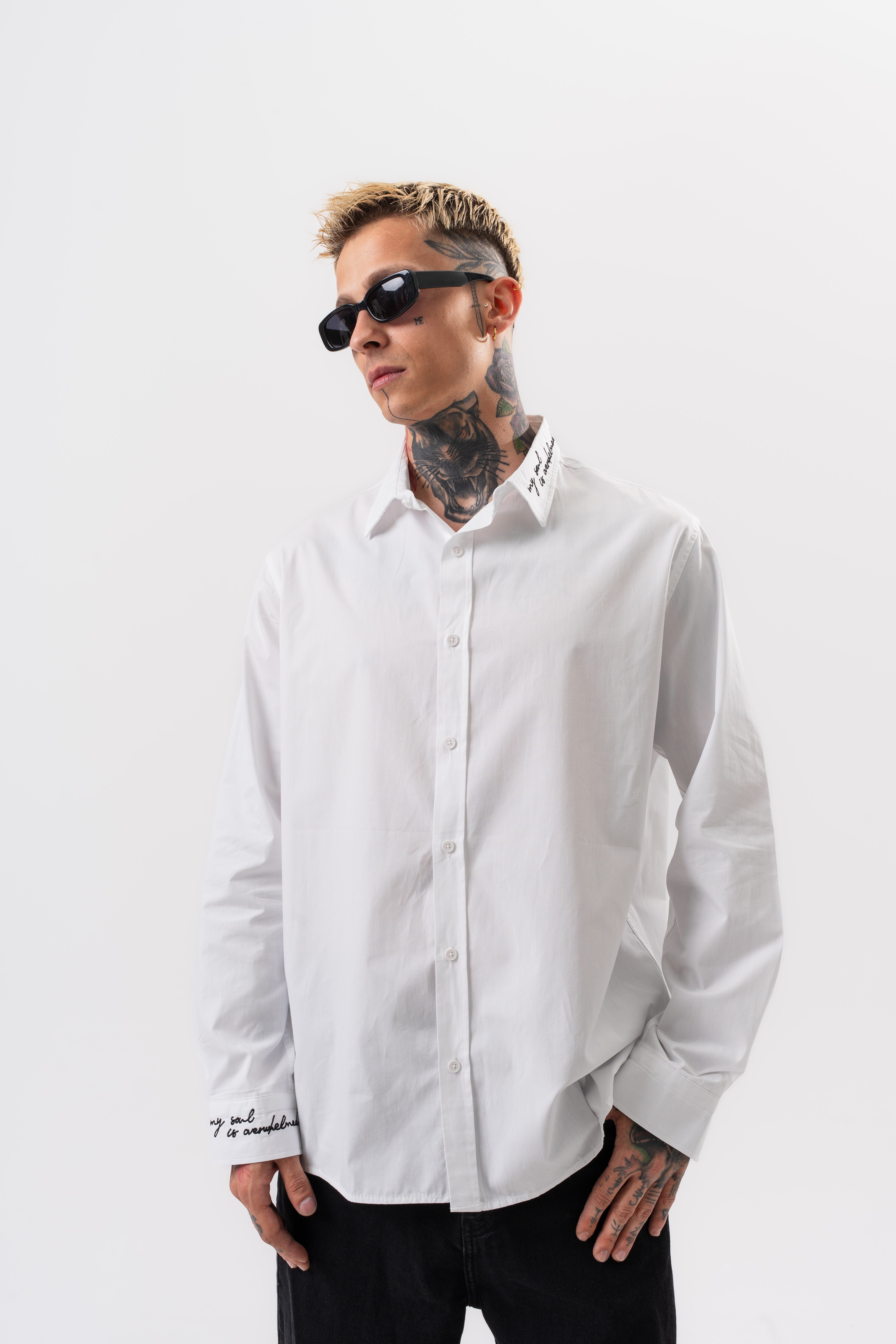 Erkek Nakış Detaylı Poplin Oversize Gömlek Beyaz