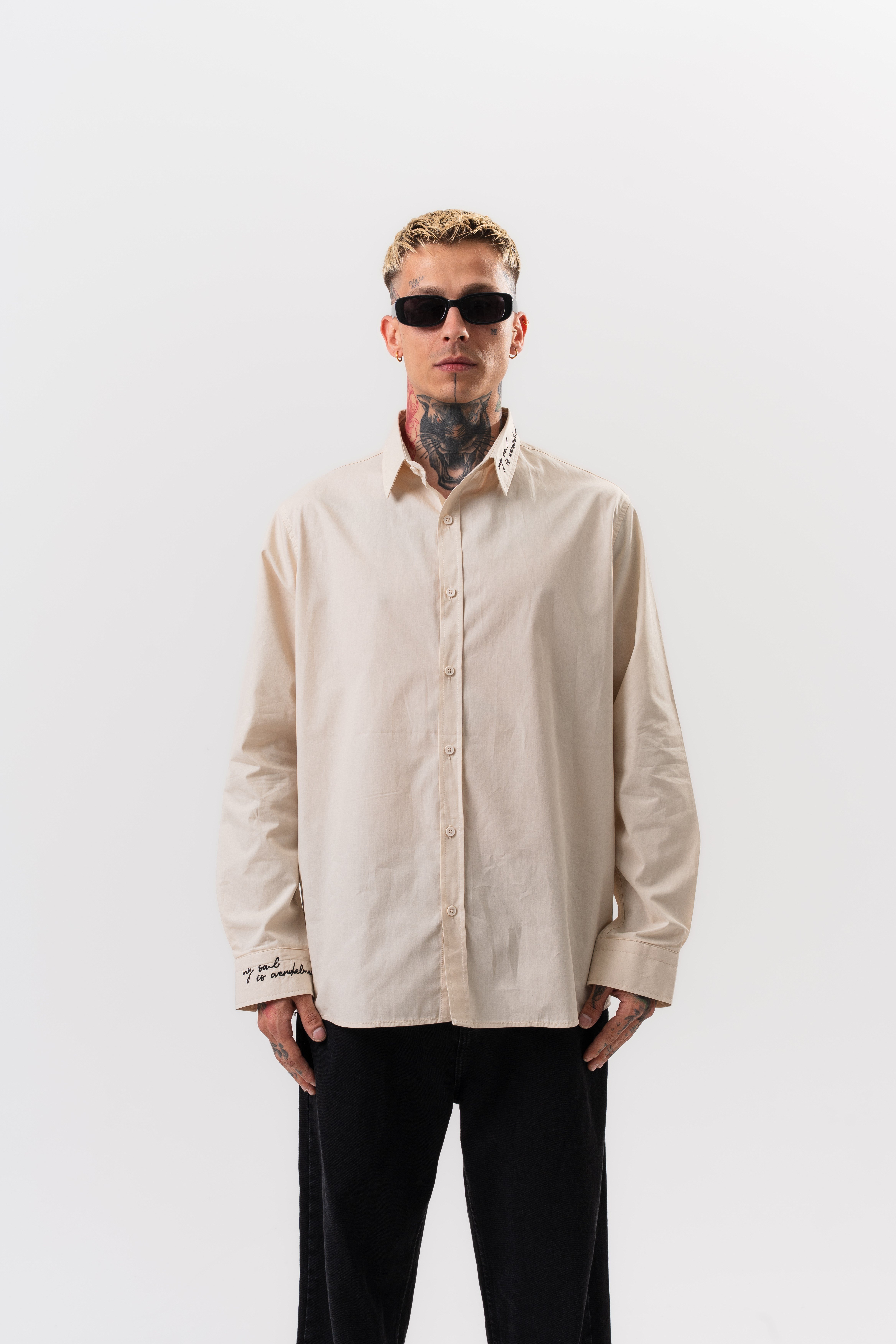 Erkek Nakış Detaylı Poplin Oversize Gömlek Bej