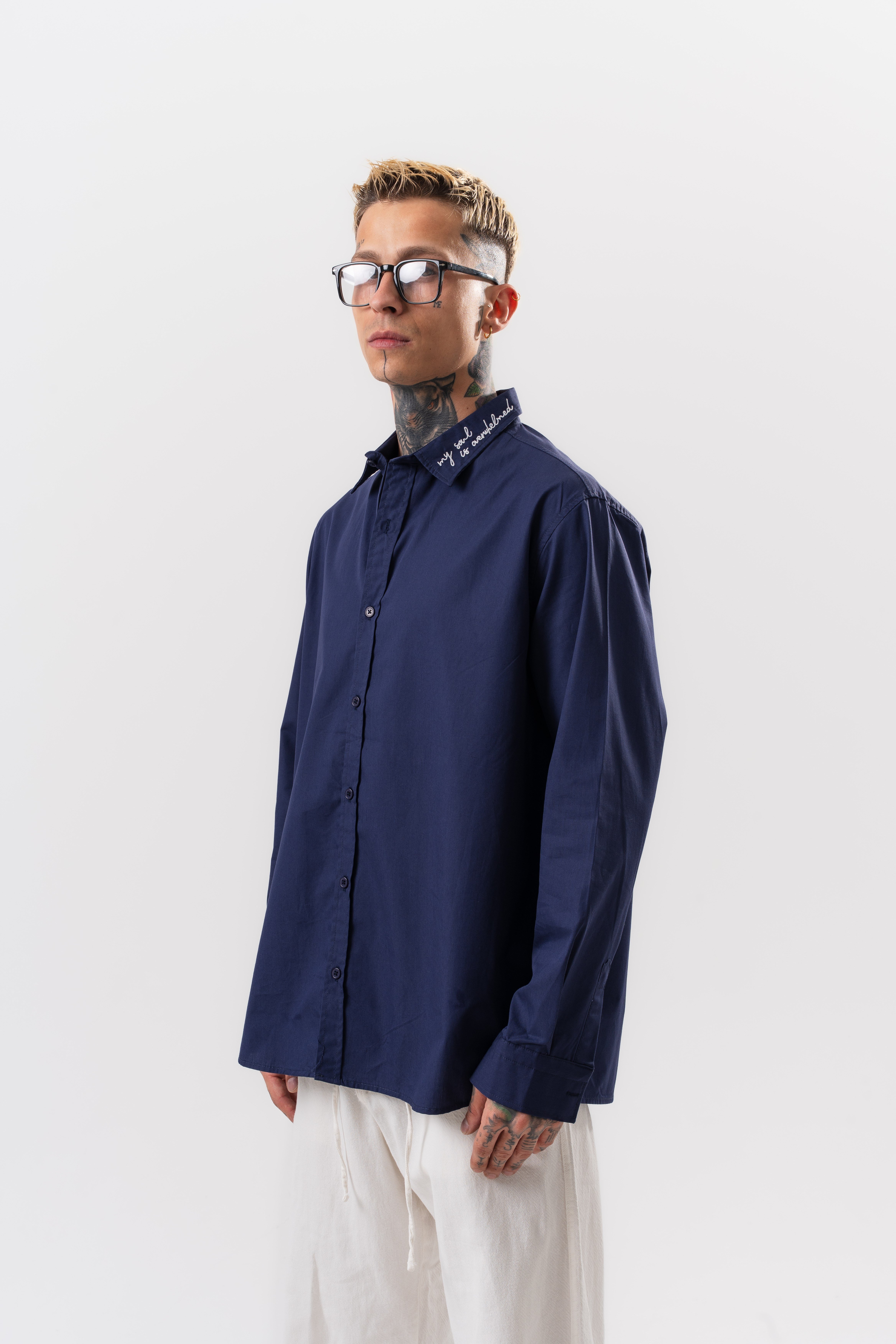 Erkek Nakış Detaylı Poplin Oversize Gömlek Lacivert