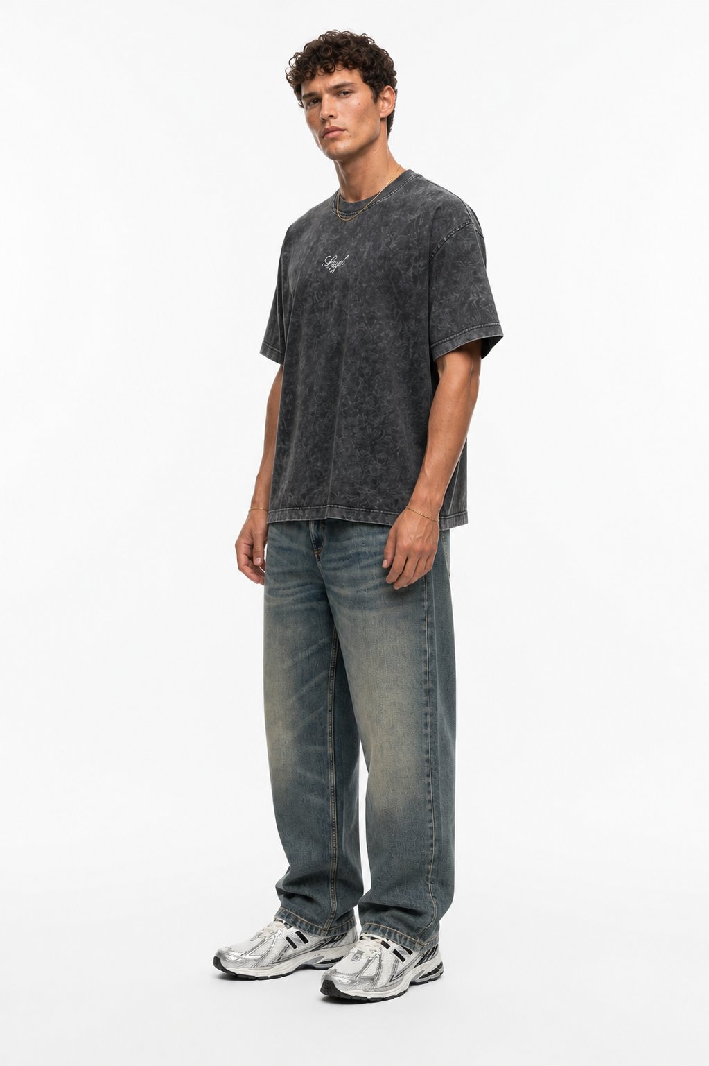 Erkek Nakış Detaylı Yıkamalı Oversize T-Shirt Siyah