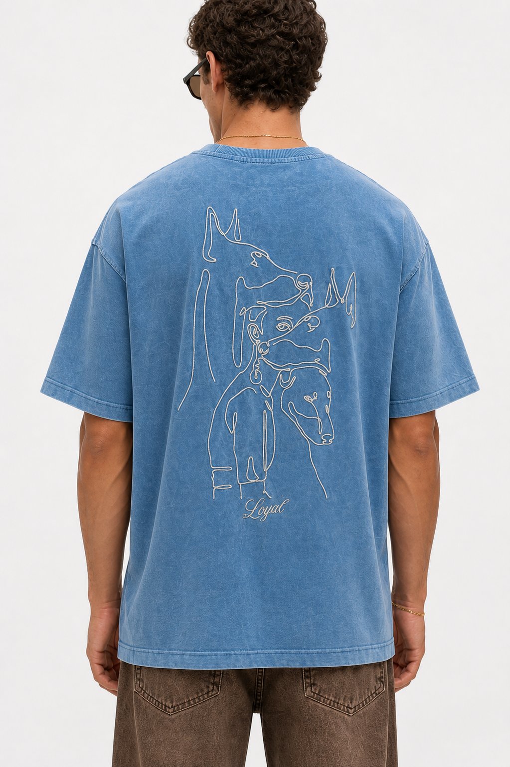 Erkek Nakış Detaylı Yıkamalı Oversize T-Shirt Mavi