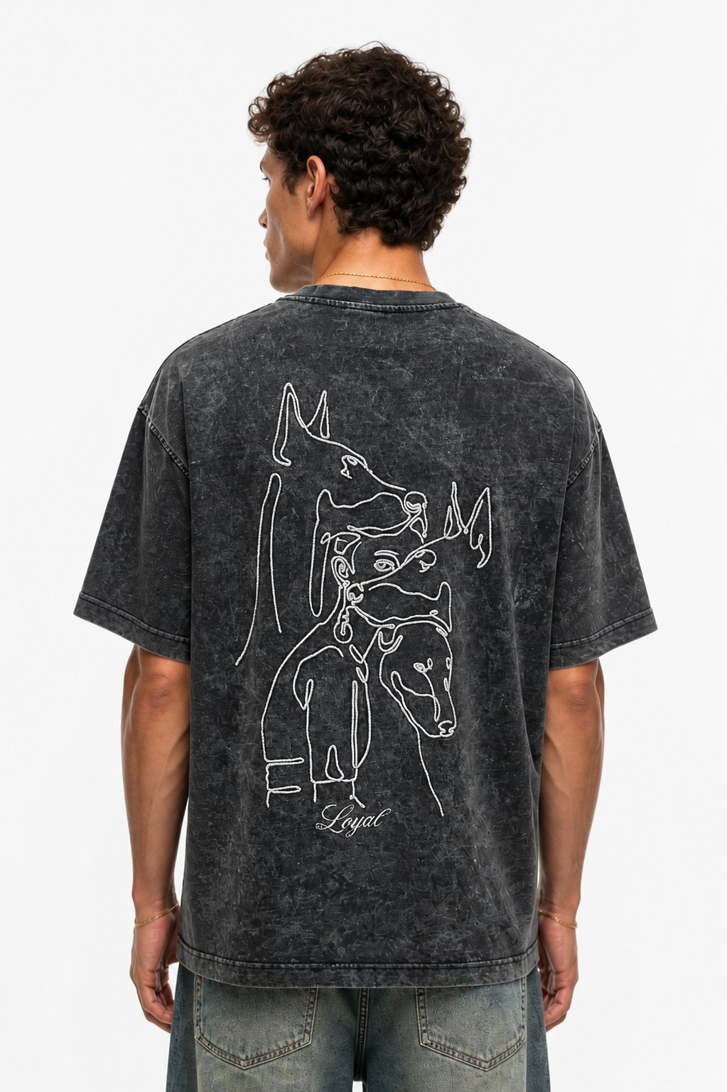 Erkek Nakış Detaylı Yıkamalı Oversize T-Shirt Siyah