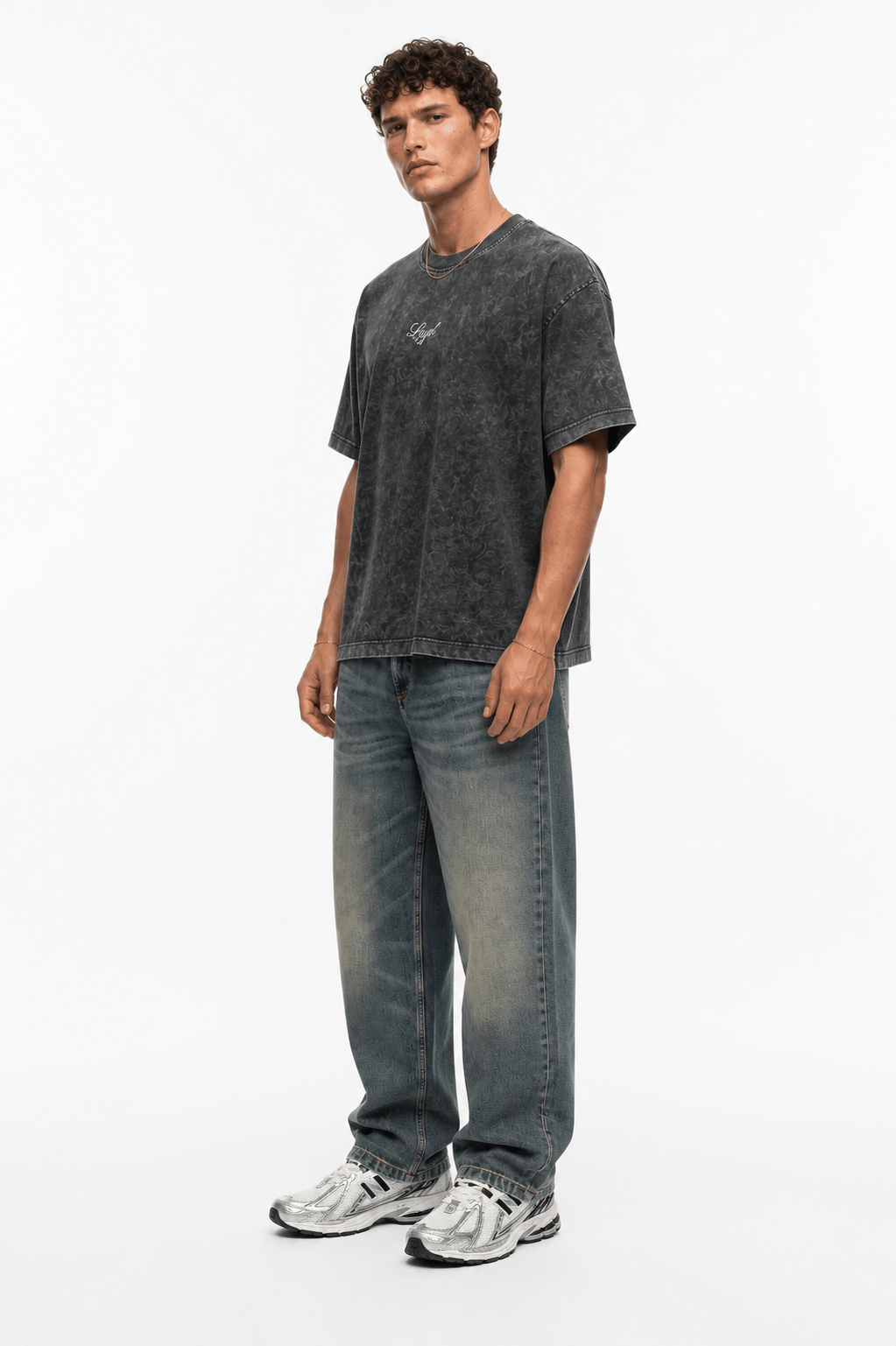 Erkek Nakış Detaylı Yıkamalı Oversize T-Shirt Siyah