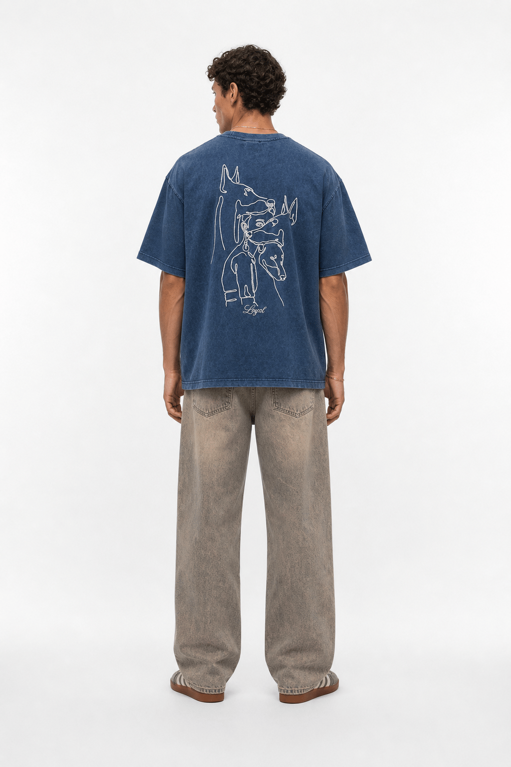 Erkek Nakış Detaylı Yıkamalı Oversize T-Shirt Lacivert