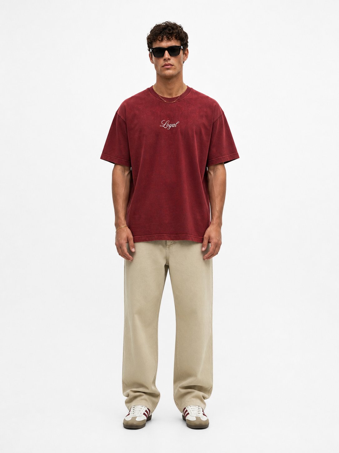 Erkek Nakış Detaylı Yıkamalı Oversize T-Shirt Bordo