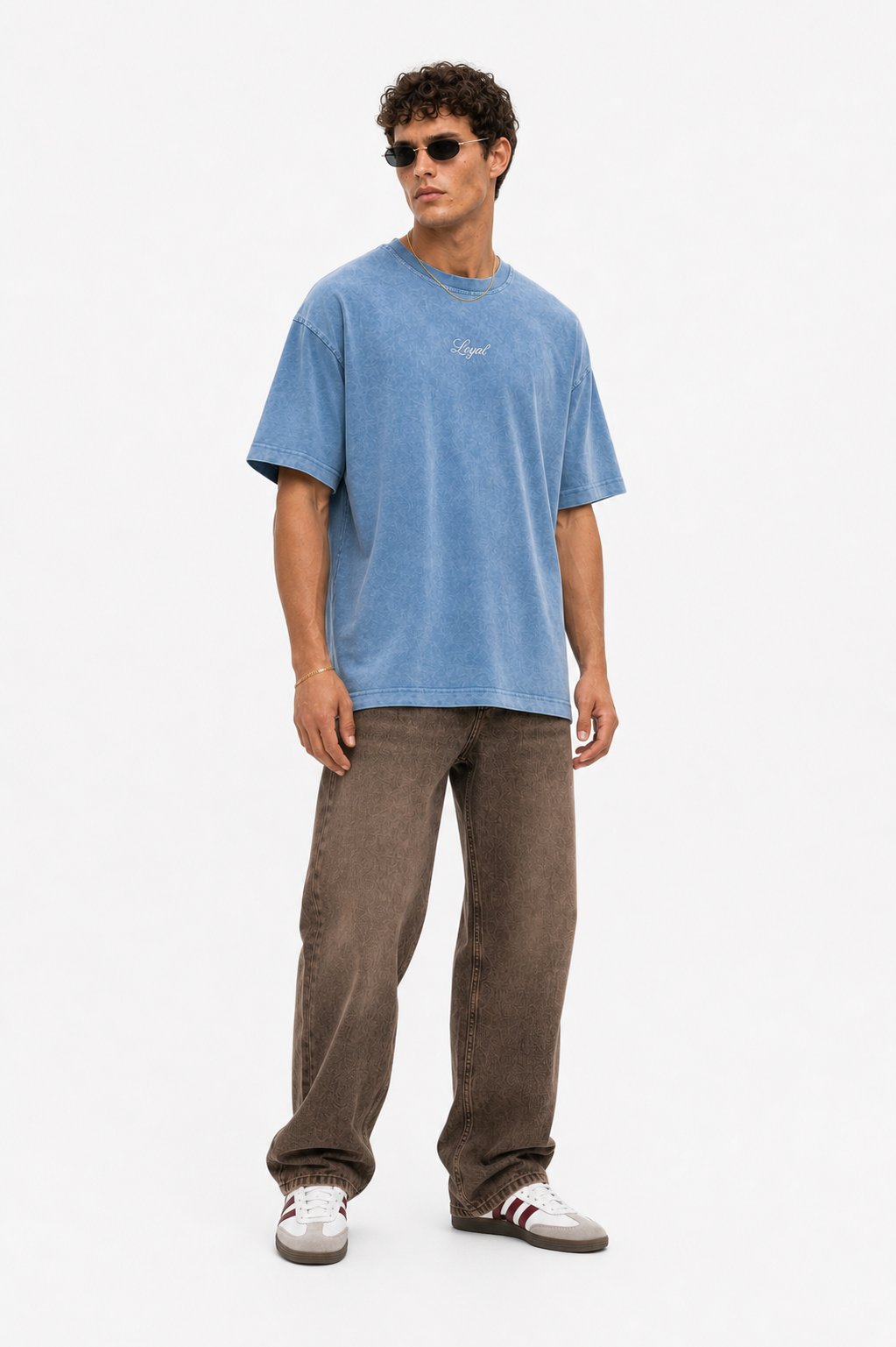 Erkek Nakış Detaylı Yıkamalı Oversize T-Shirt Mavi