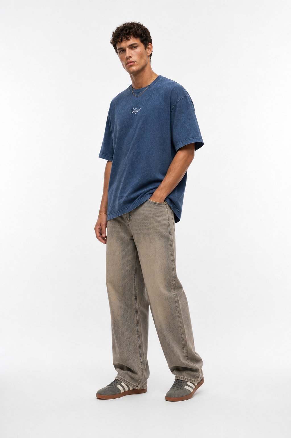 Erkek Nakış Detaylı Yıkamalı Oversize T-Shirt Lacivert