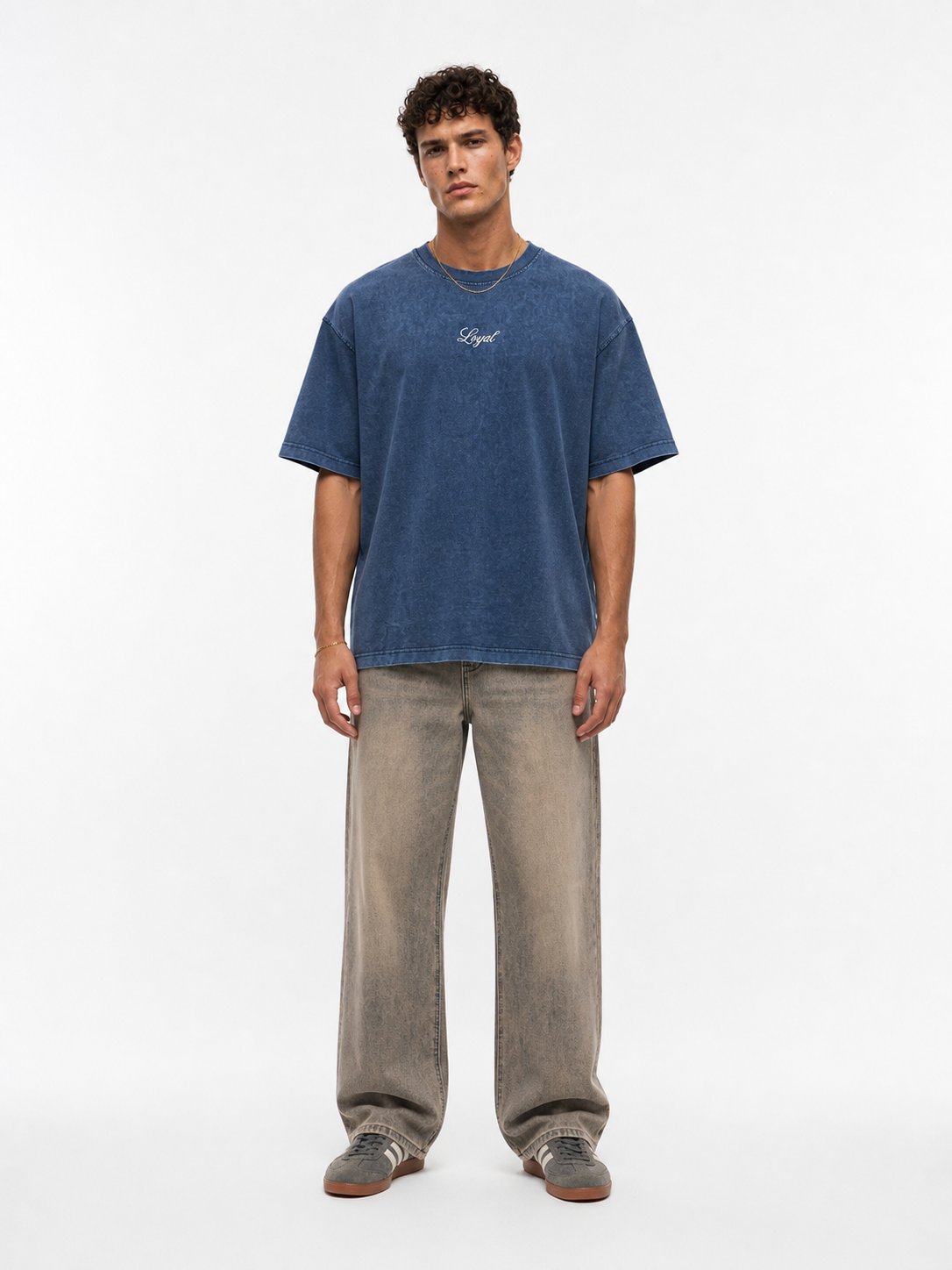 Erkek Nakış Detaylı Yıkamalı Oversize T-Shirt Lacivert
