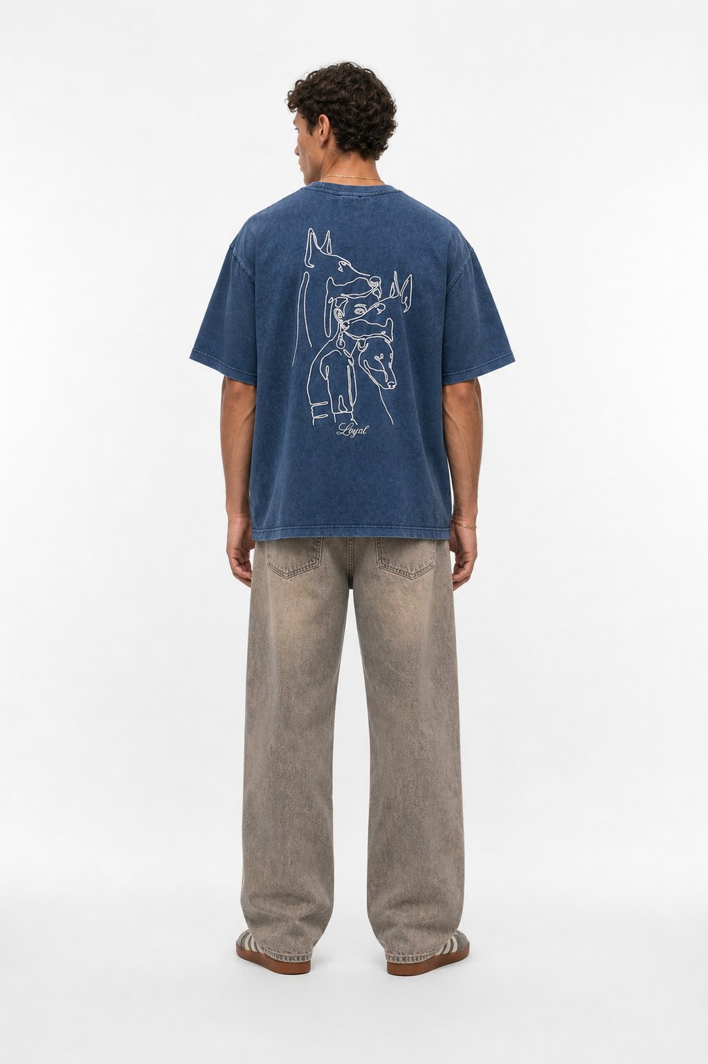 Erkek Nakış Detaylı Yıkamalı Oversize T-Shirt Lacivert