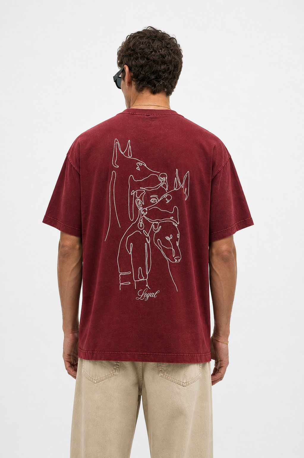 Erkek Nakış Detaylı Yıkamalı Oversize T-Shirt Bordo