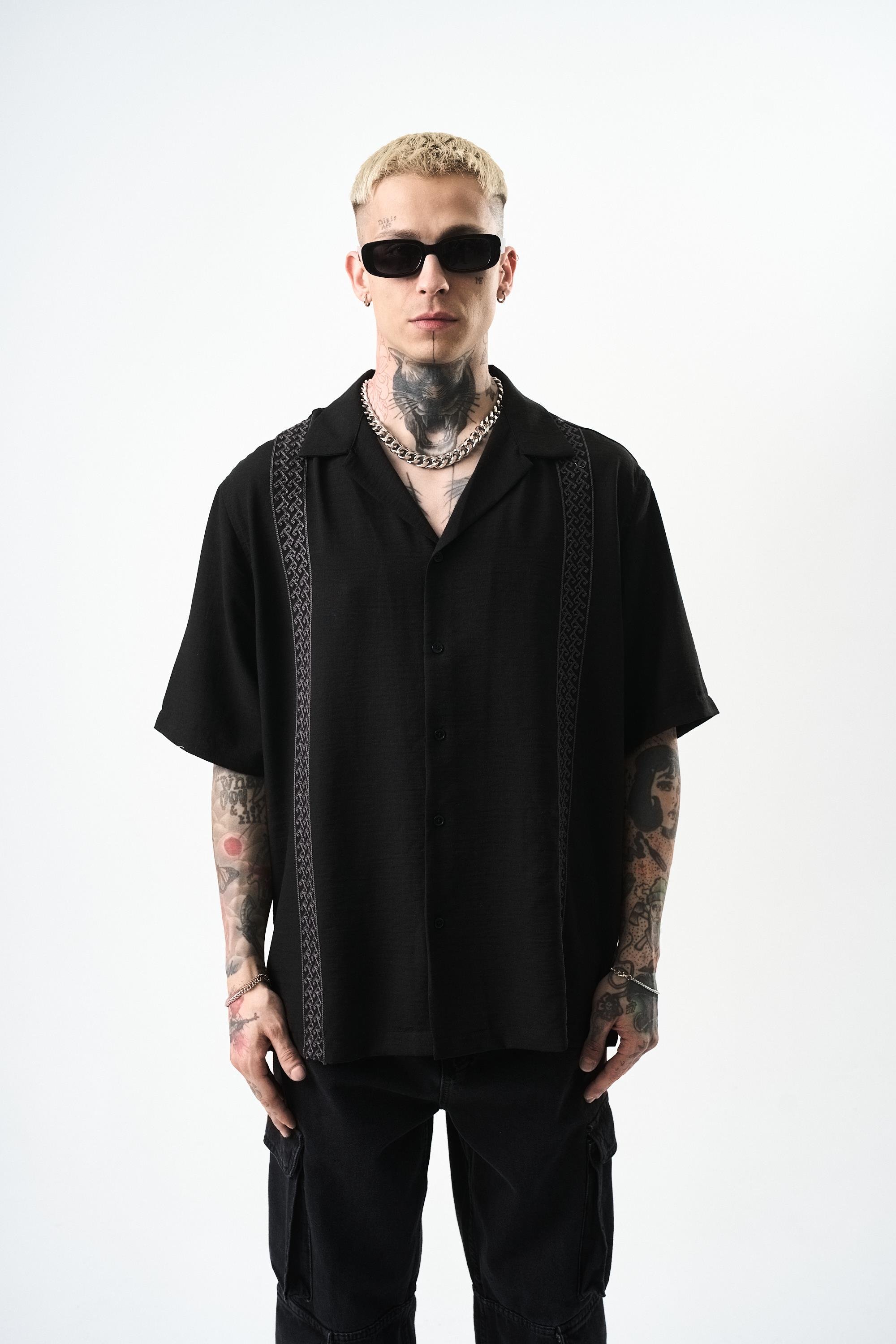 Erkek Nakışlı Oversize Keten Gömlek Siyah