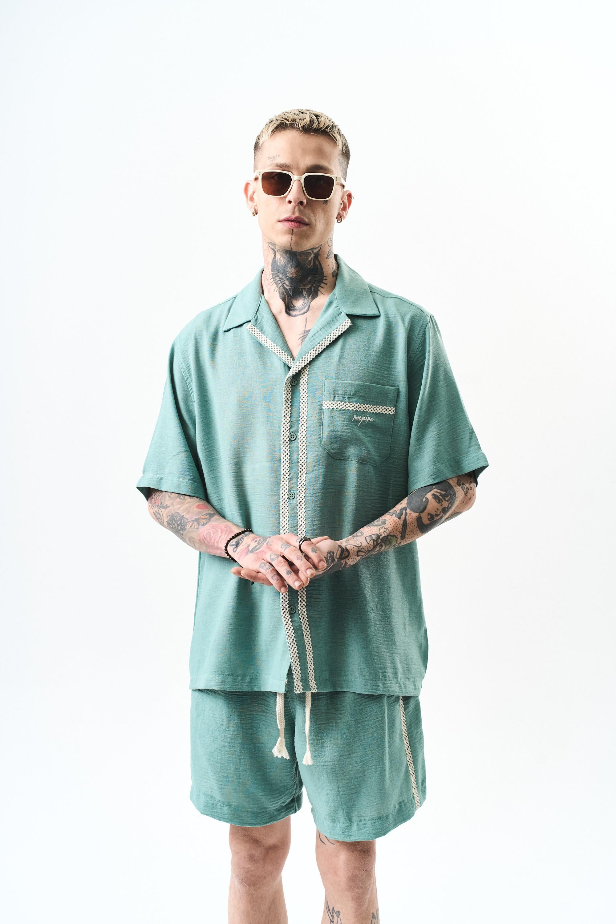 Erkek Nakışlı Oversize Keten Gömlek Şort Takım Mint