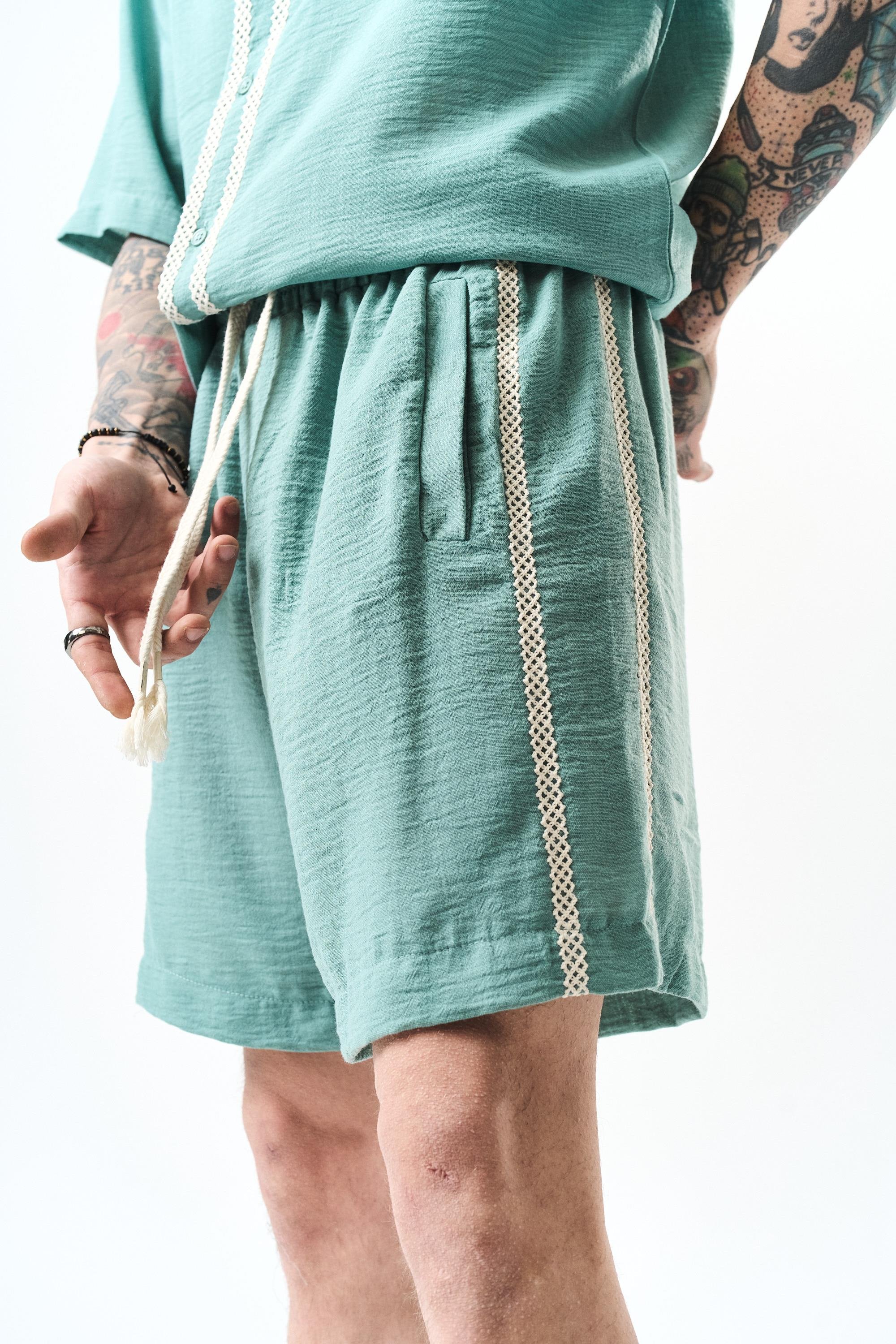 Erkek Nakışlı Oversize Keten Gömlek Şort Takım Mint