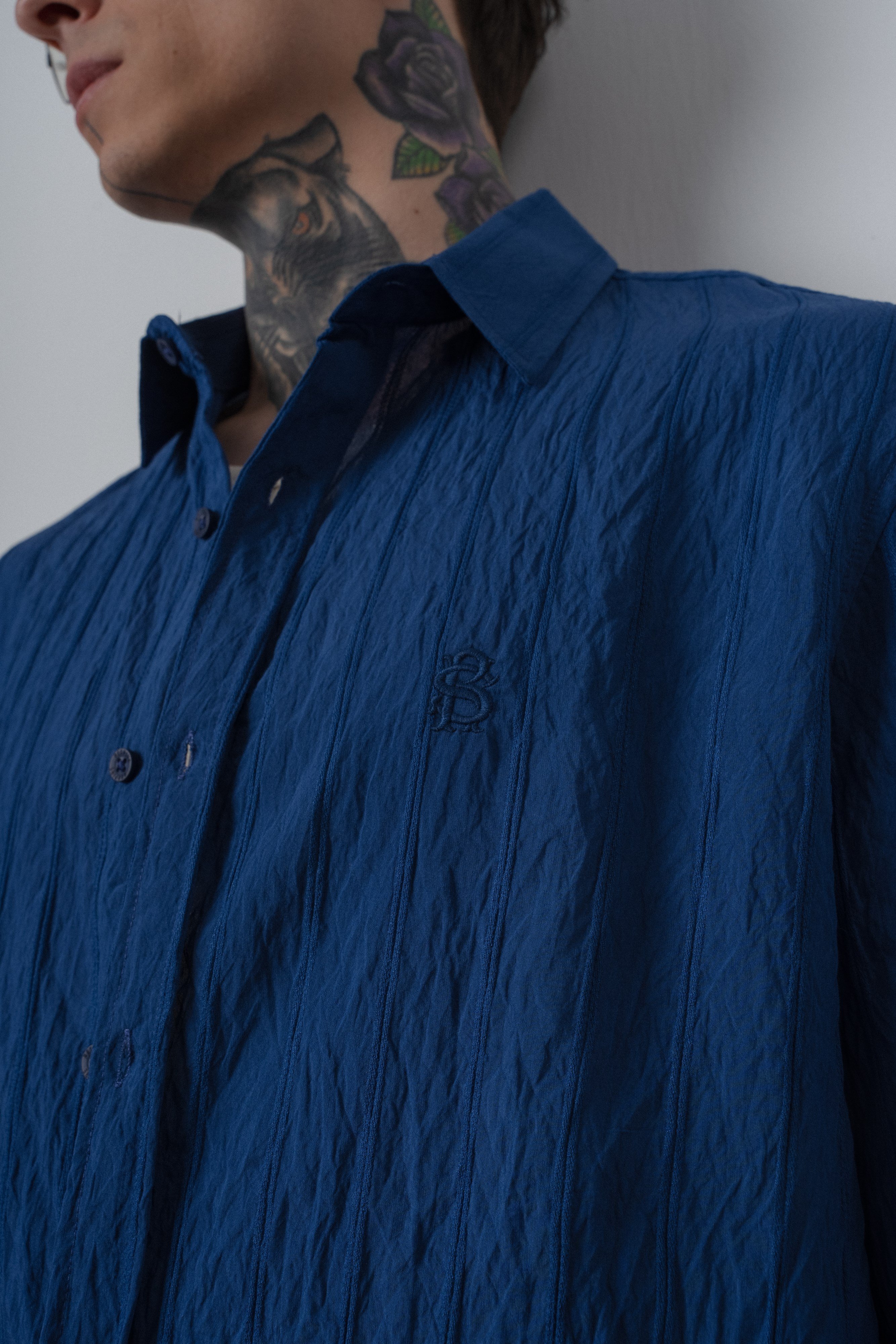 Erkek Nakışlı Uzun Kollu Oversize Gömlek Lacivert