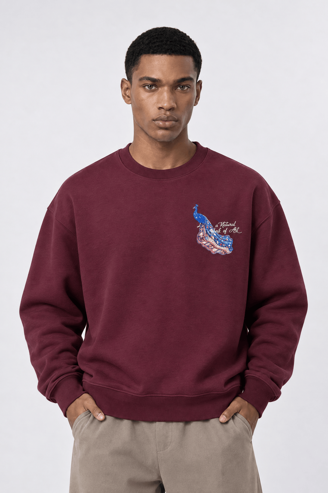 Erkek Natural Patch Detaylı Oversize Sweatshirt Bordo