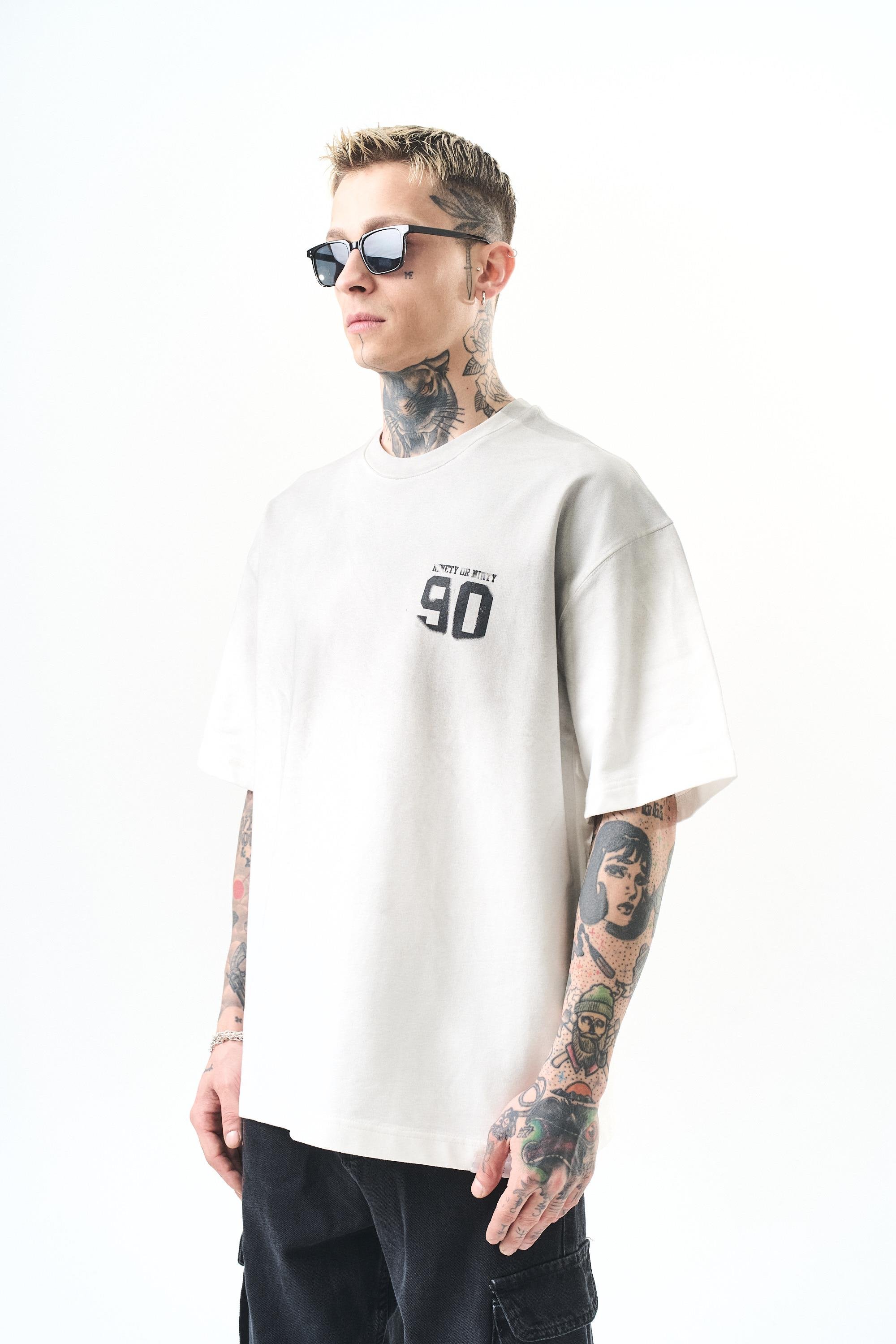Erkek Ninety Baskılı Oversize T-Shirt Ekru