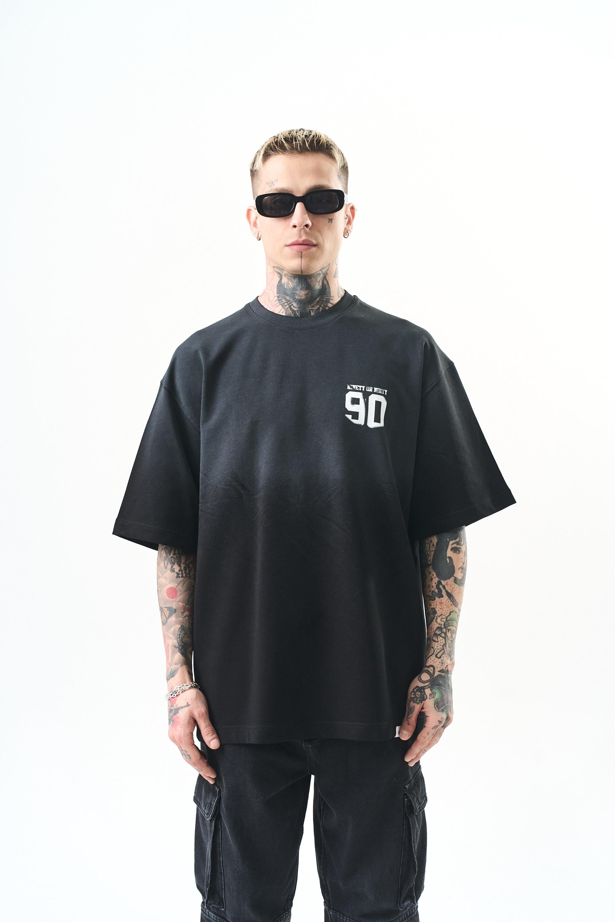Erkek Ninety Baskılı Oversize T-Shirt Siyah