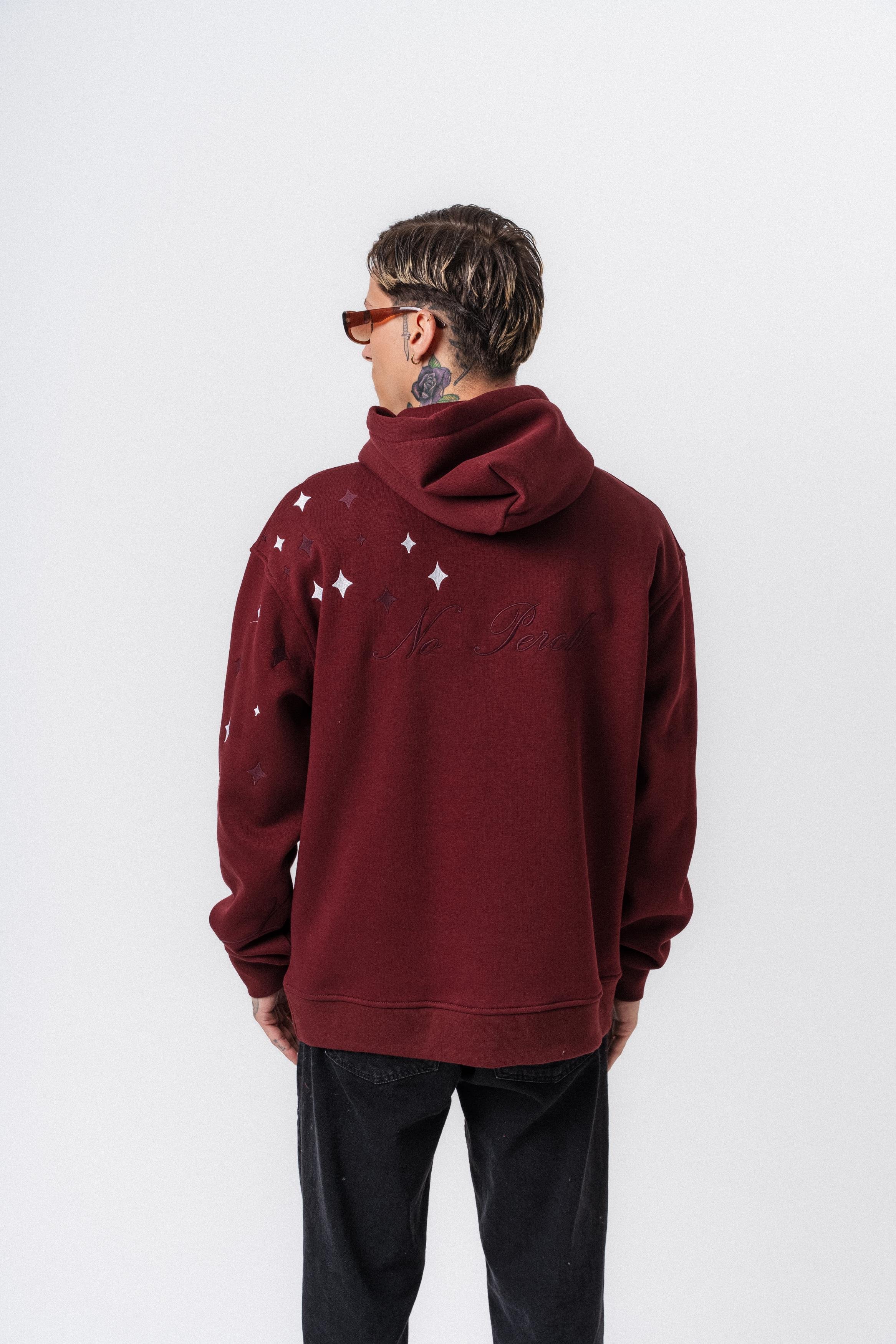 Erkek No Perch Nakışlı Kapüşonlu Oversize Hoodie Bordo