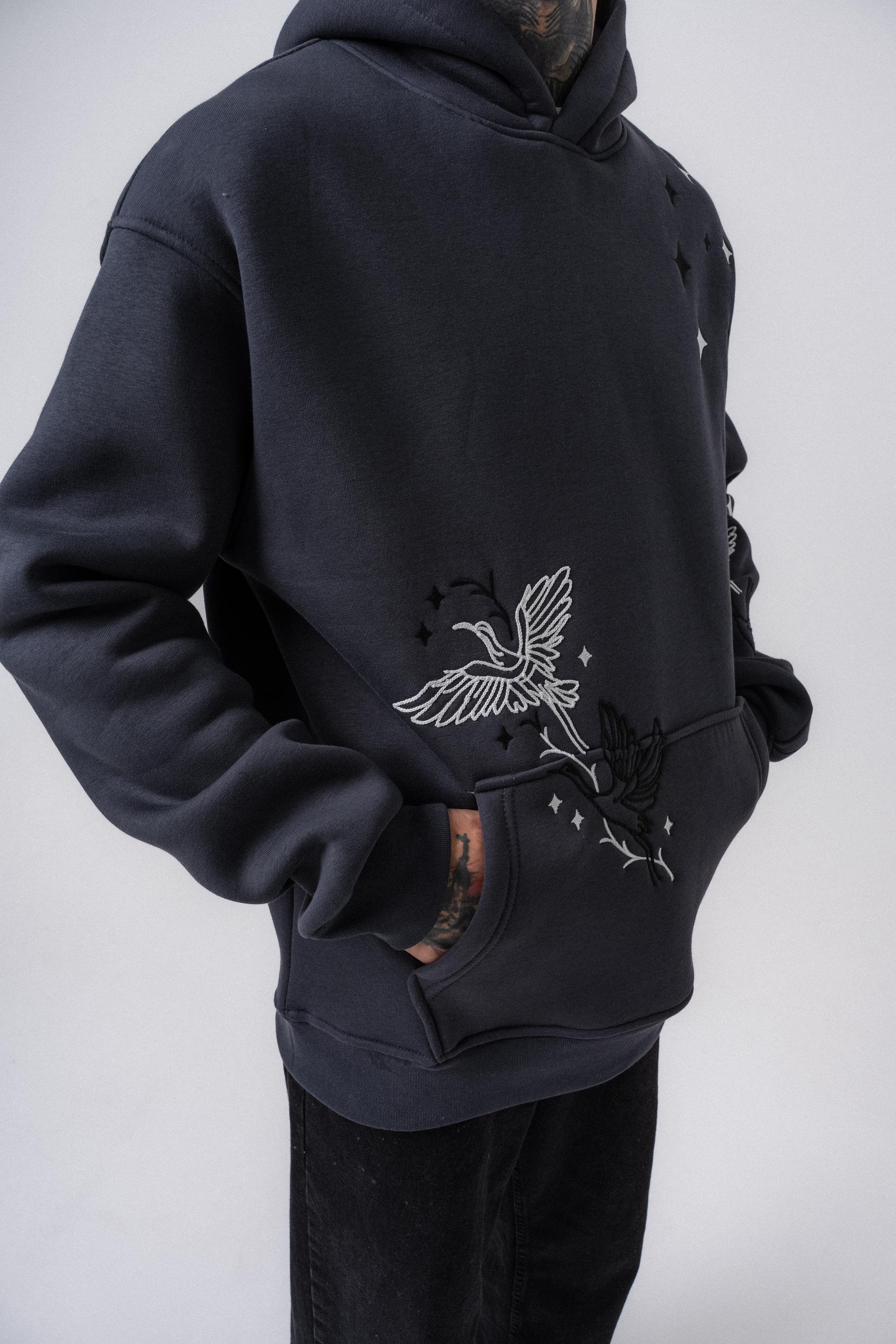 Erkek No Perch Nakışlı Kapüşonlu Oversize Hoodie Füme