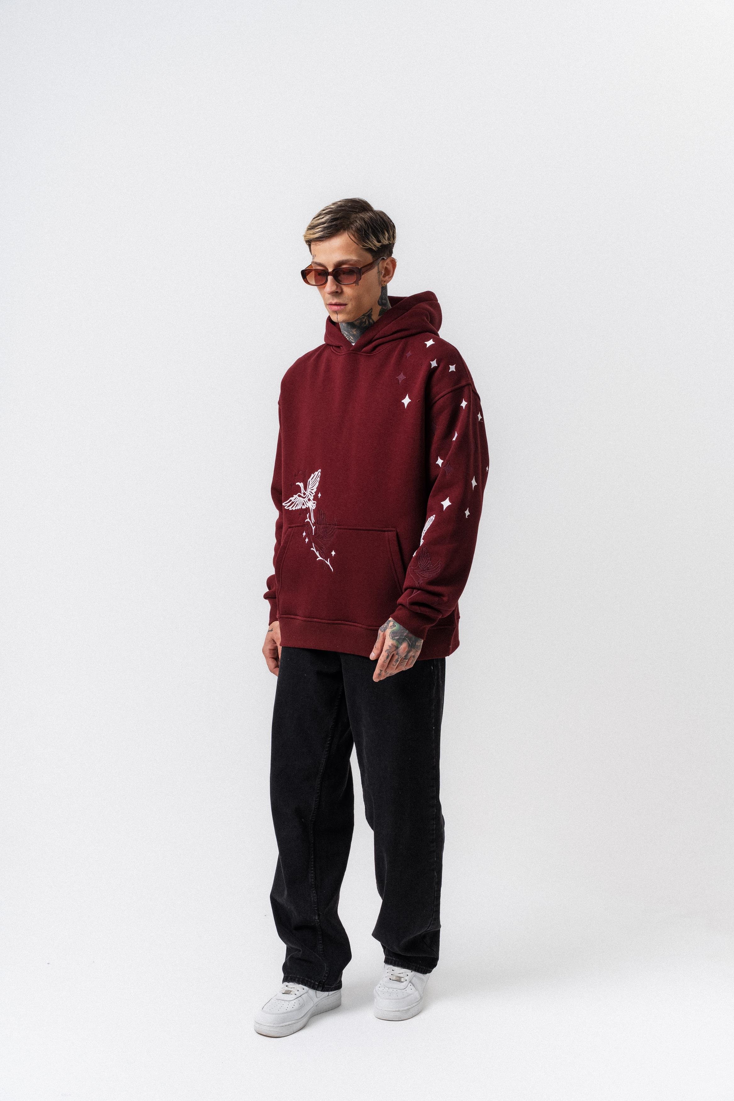 Erkek No Perch Nakışlı Kapüşonlu Oversize Hoodie Bordo