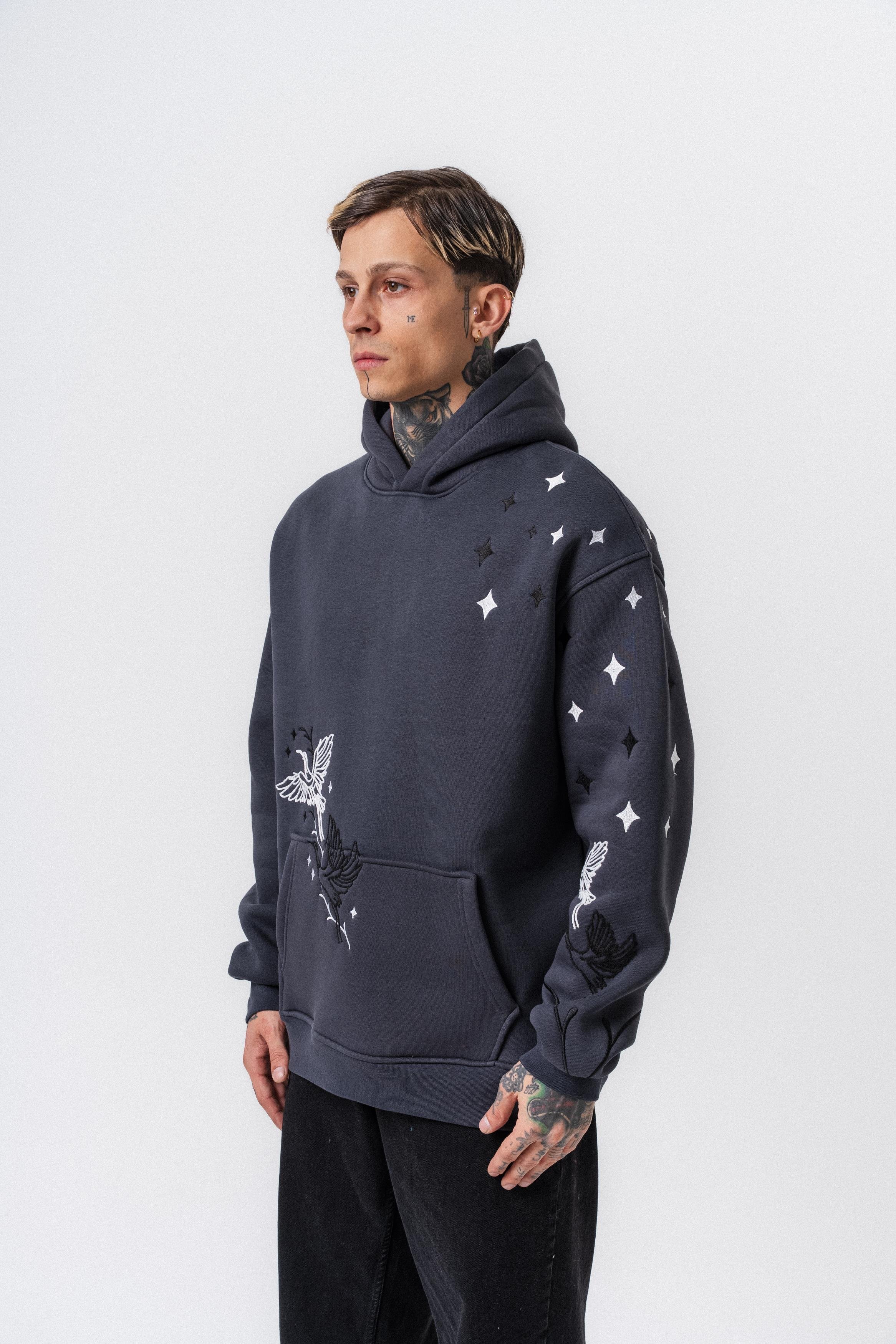 Erkek No Perch Nakışlı Kapüşonlu Oversize Hoodie Füme