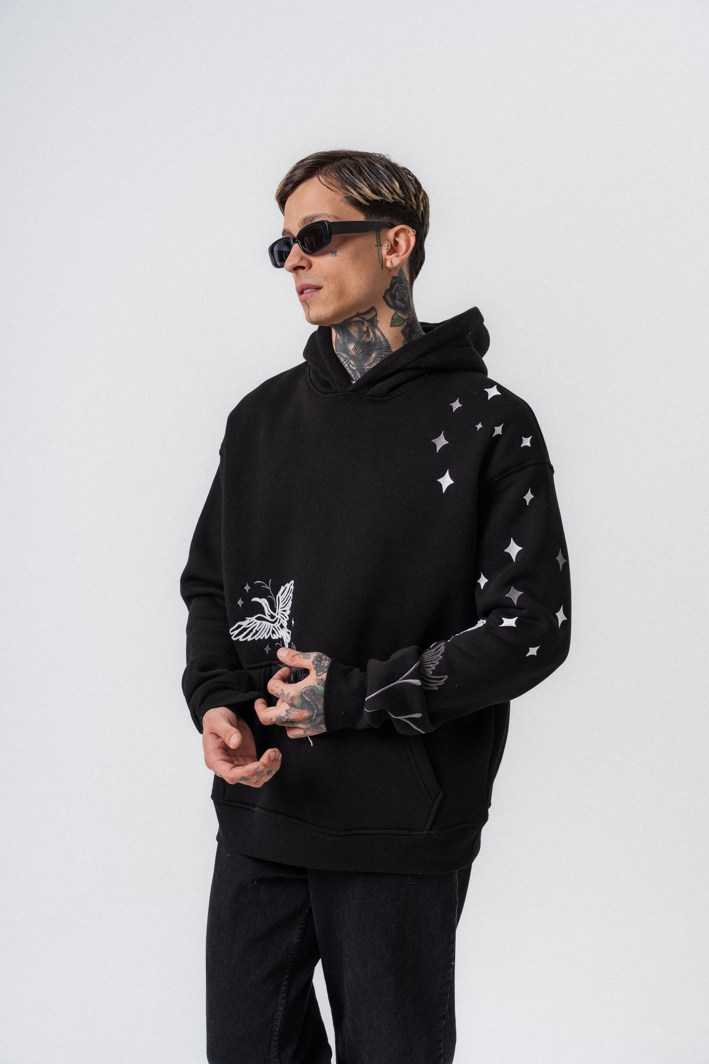 Erkek No Perch Nakışlı Kapüşonlu Oversize Hoodie Siyah