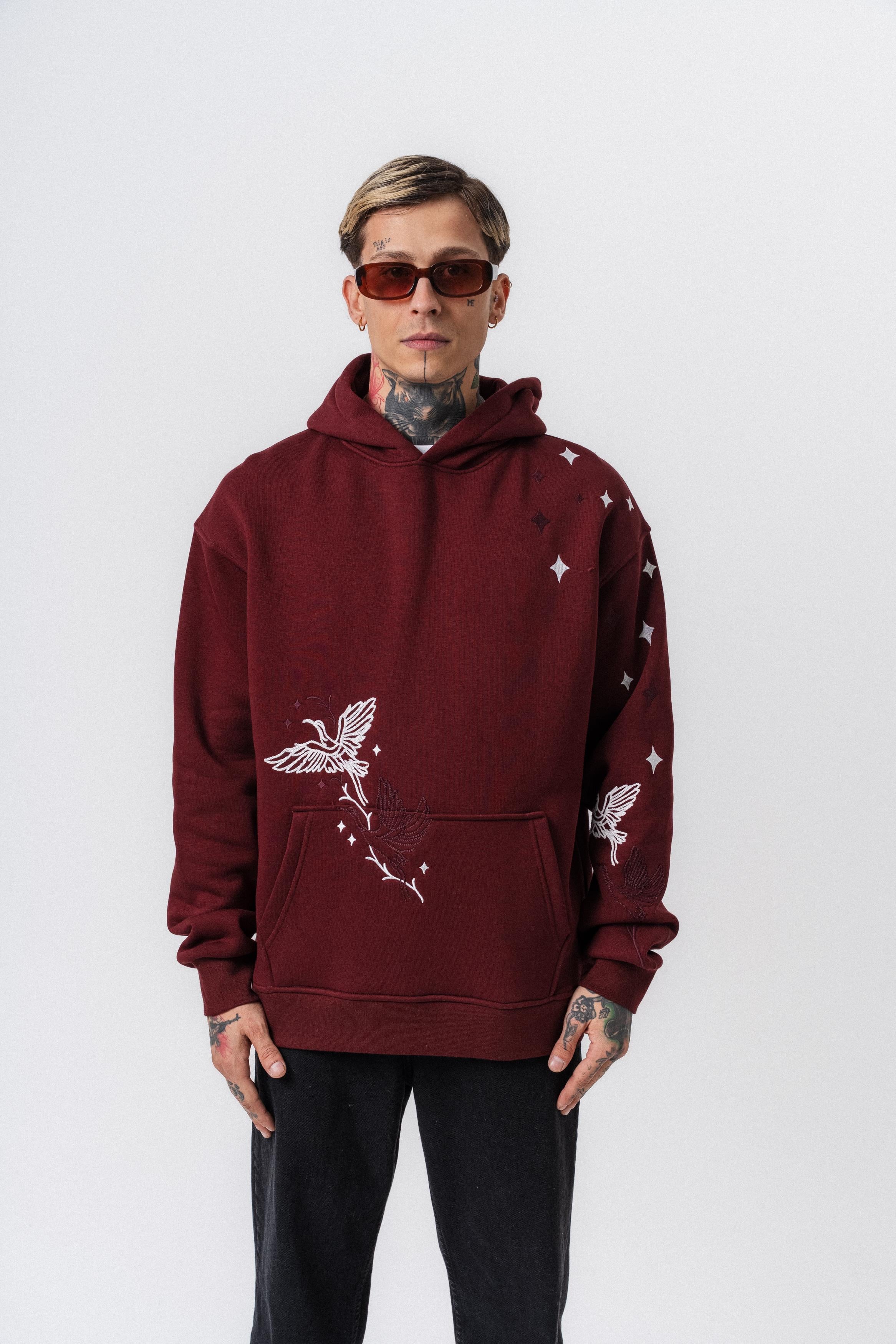 Erkek No Perch Nakışlı Kapüşonlu Oversize Hoodie Bordo