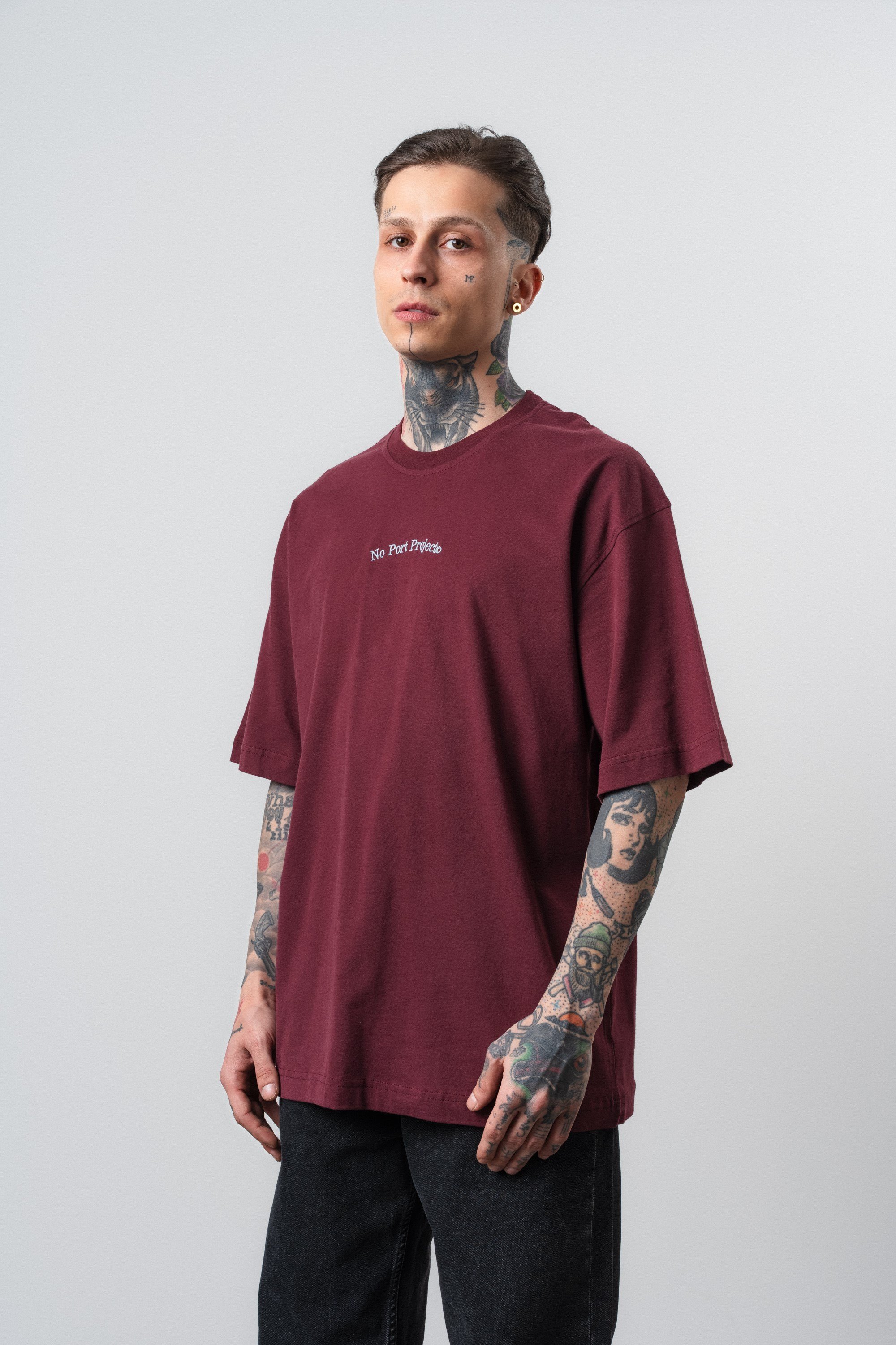 Erkek No Port Baskılı Oversize T-Shirt Bordo