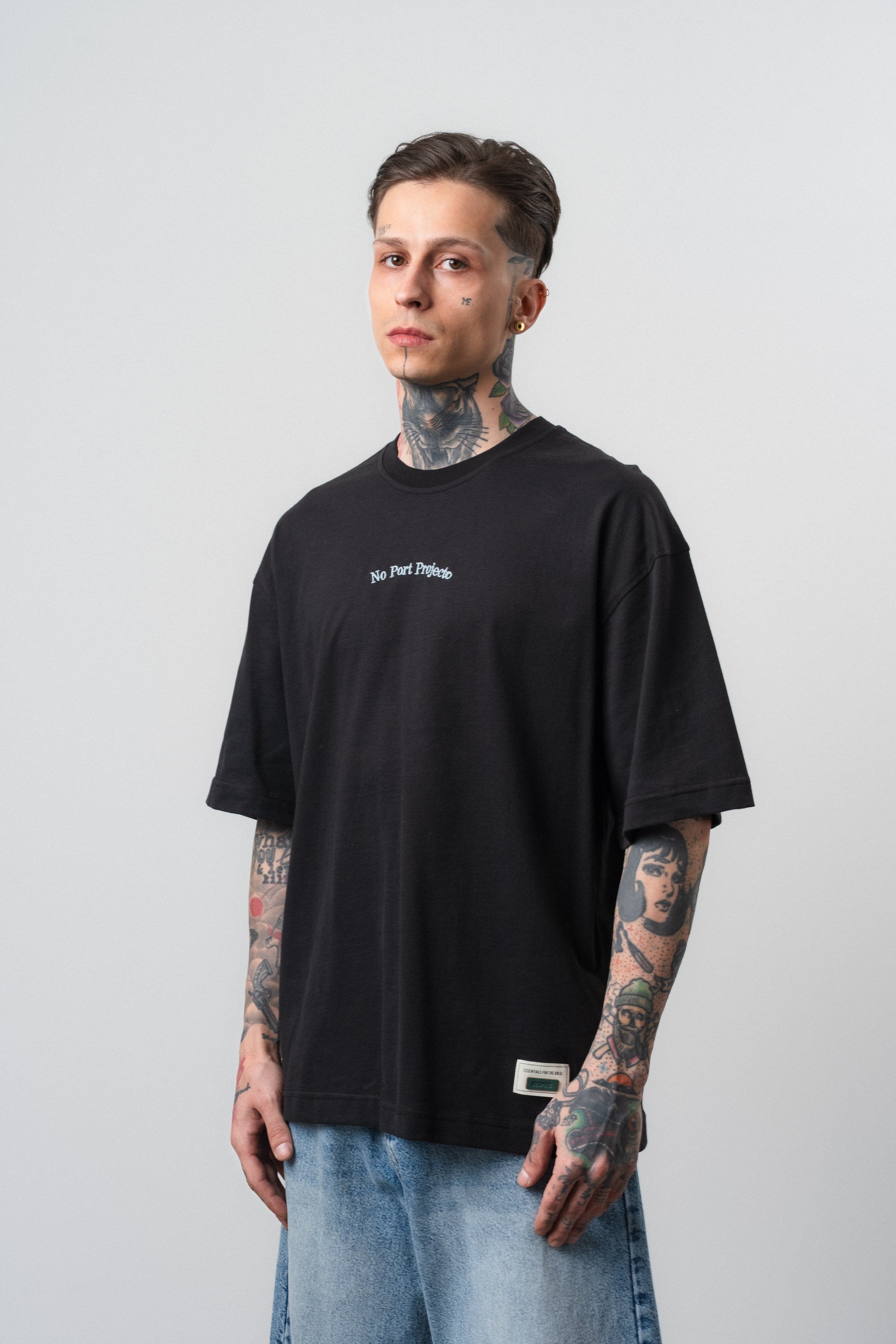Erkek No Port Baskılı Oversize T-Shirt Siyah