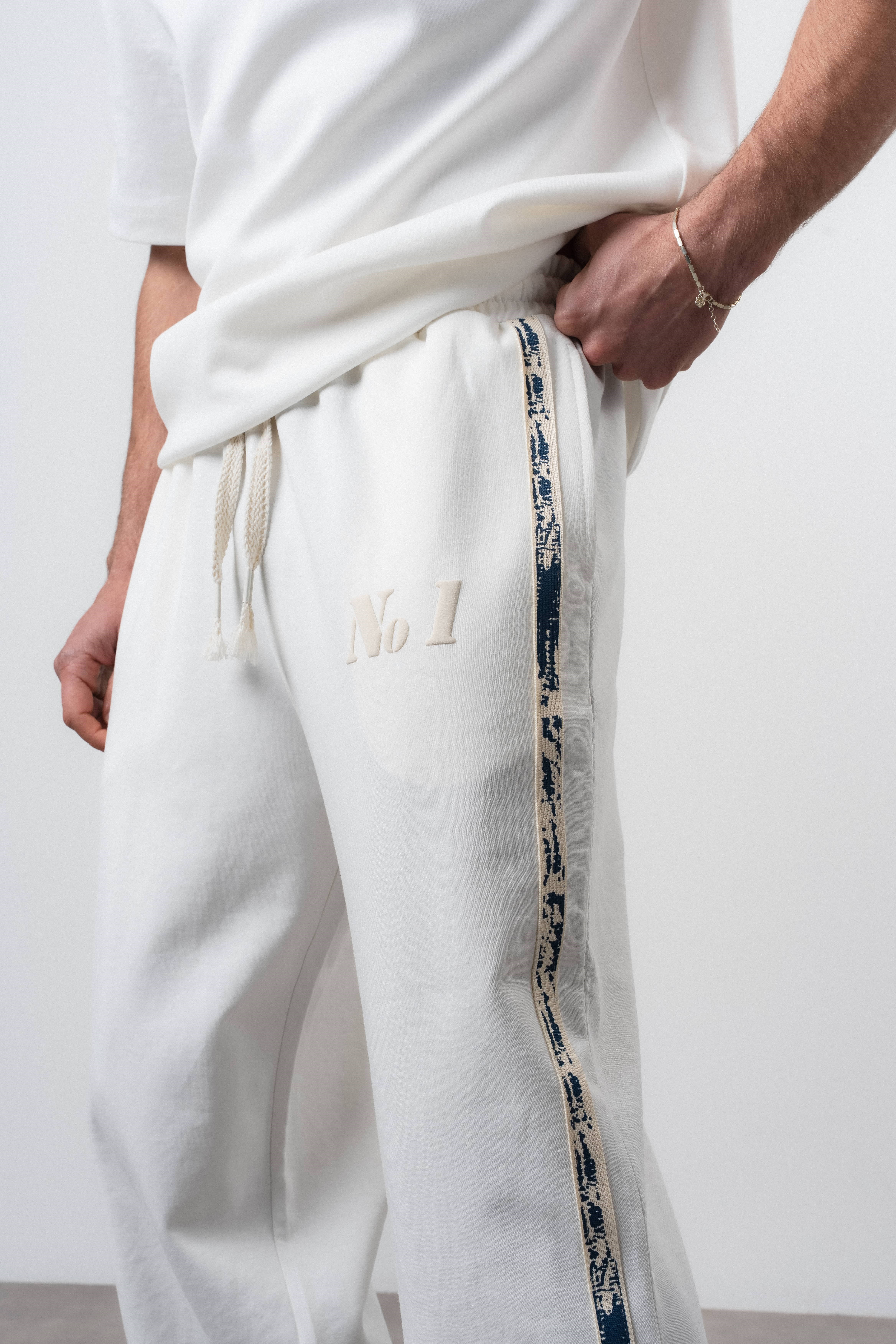 Erkek No1 Şerit Detaylı Baggy Eşofman Altı Ekru