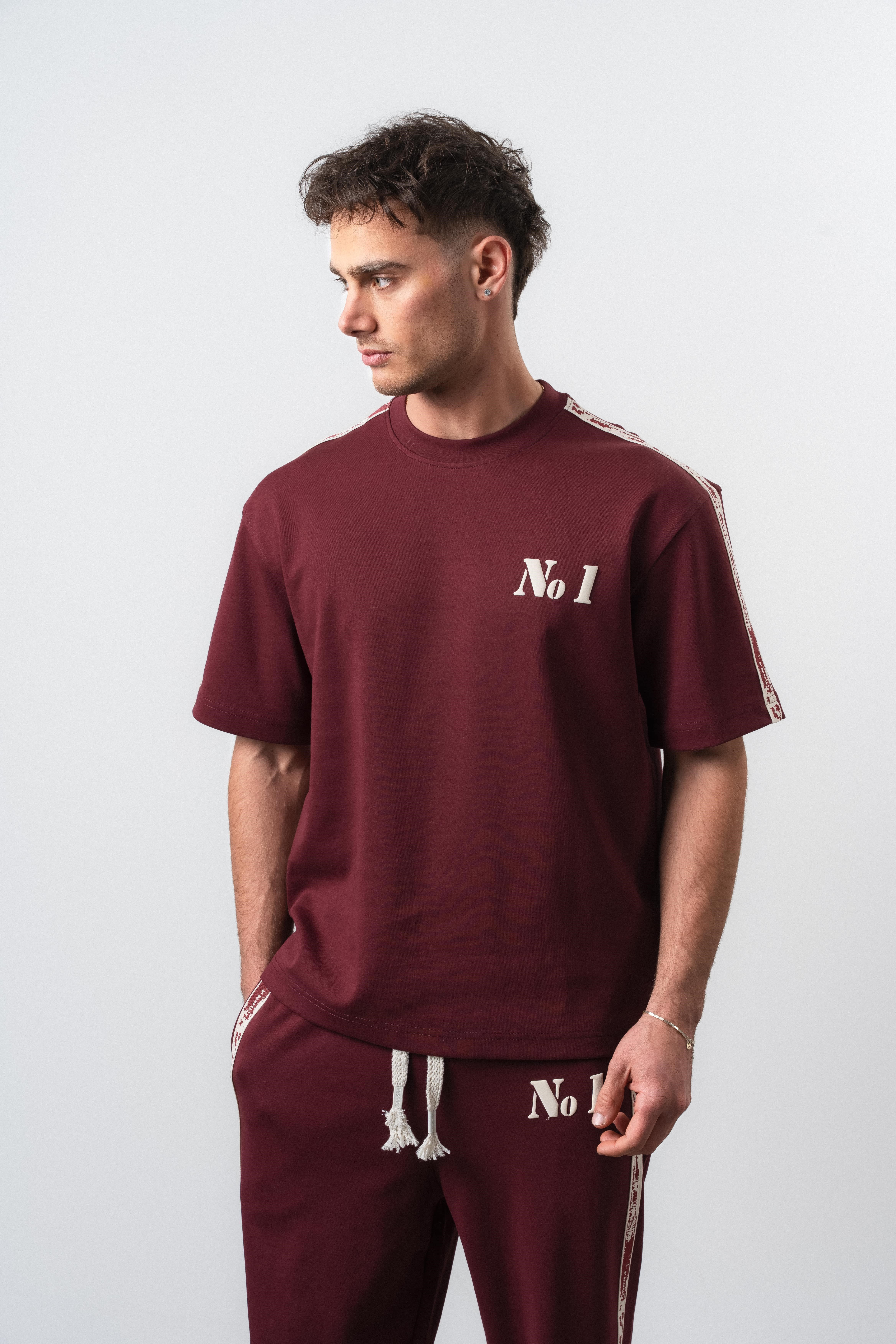 Erkek No1 Şerit Detaylı Regular Fit T-Shirt Bordo