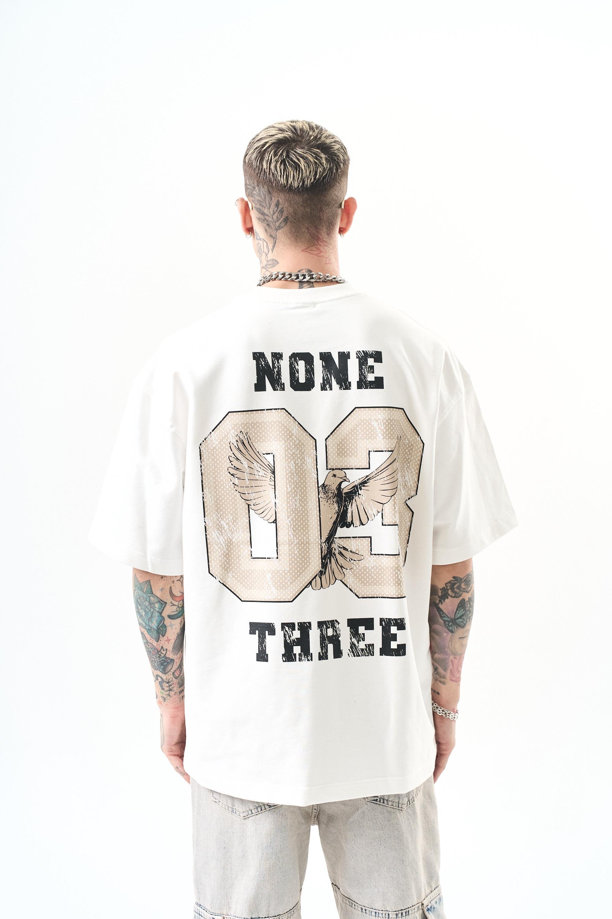 Erkek None Three Baskılı Oversize T-Shirt Ekru