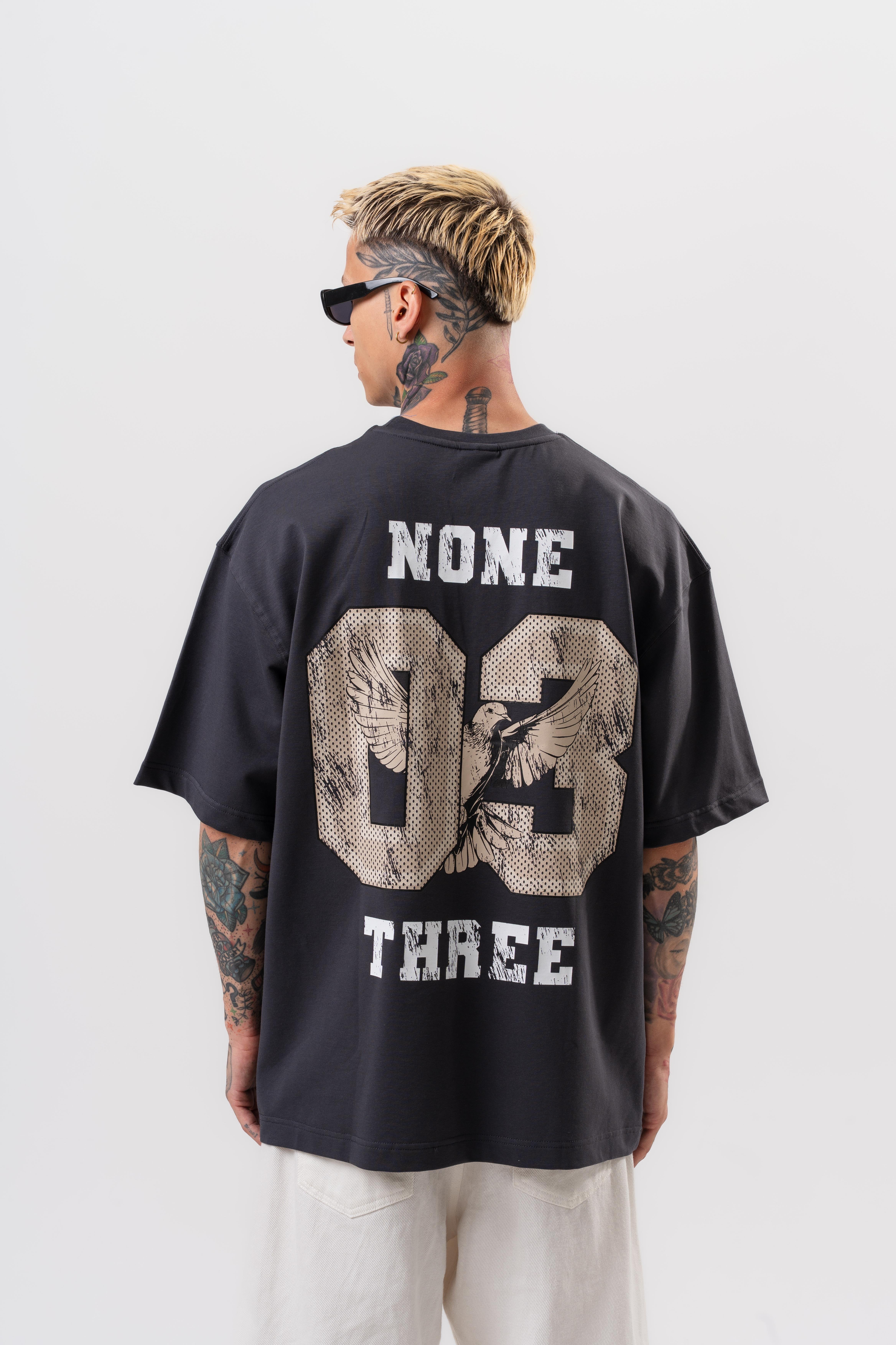 Erkek None Three Baskılı Oversize T-Shirt Füme