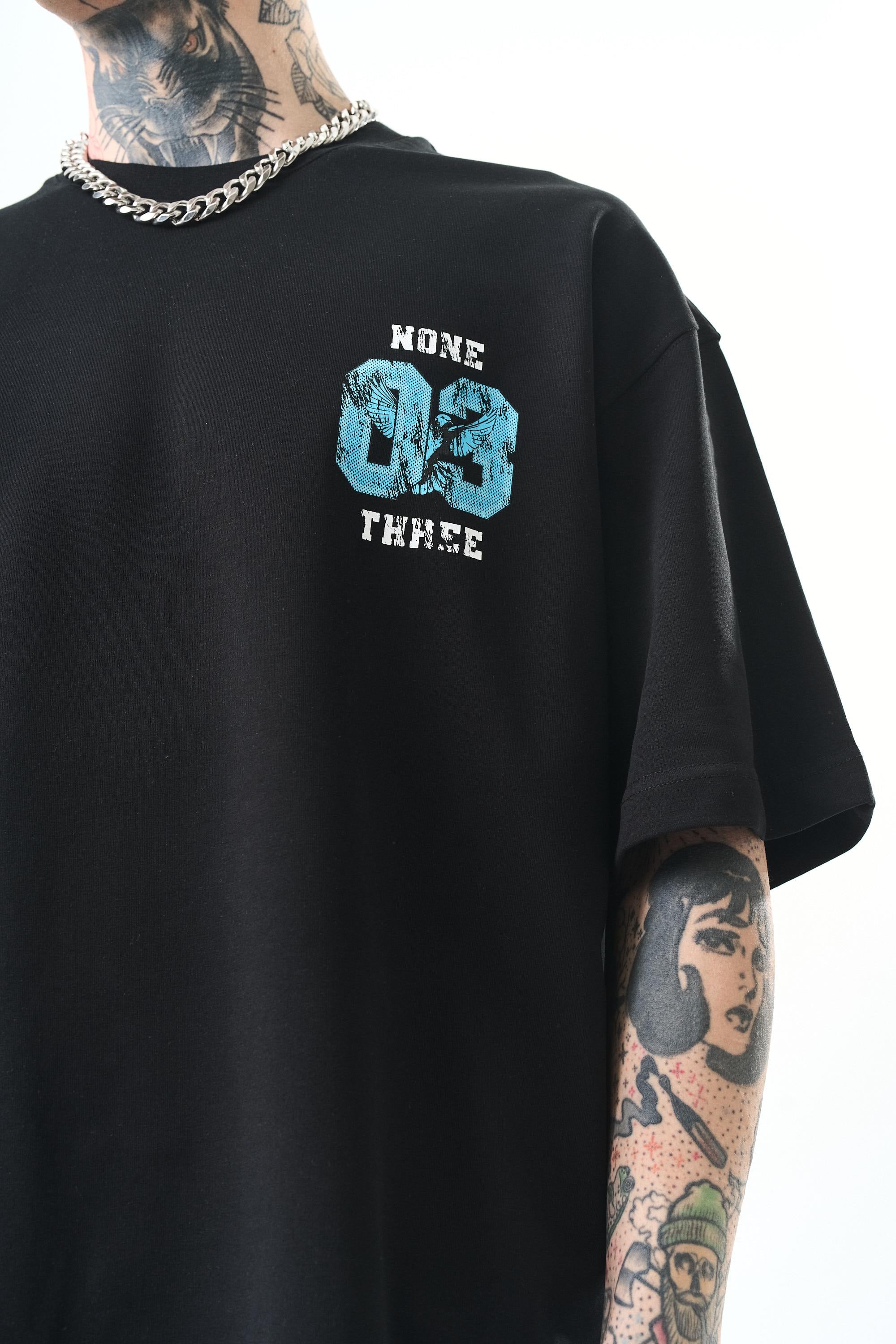 Erkek None Three Baskılı Oversize T-Shirt Siyah