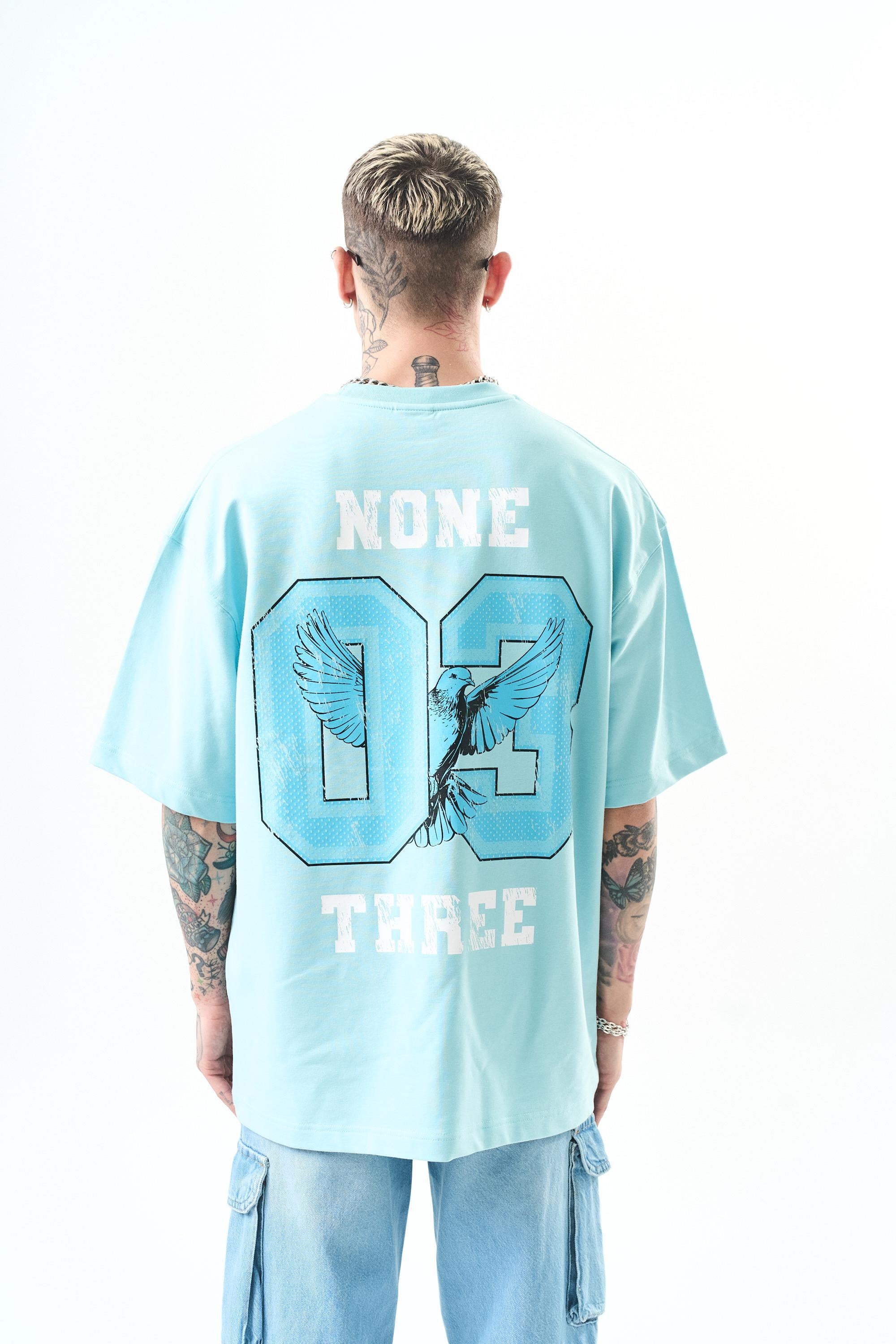 Erkek None Three Baskılı Oversize T-Shirt Bebe Mavi