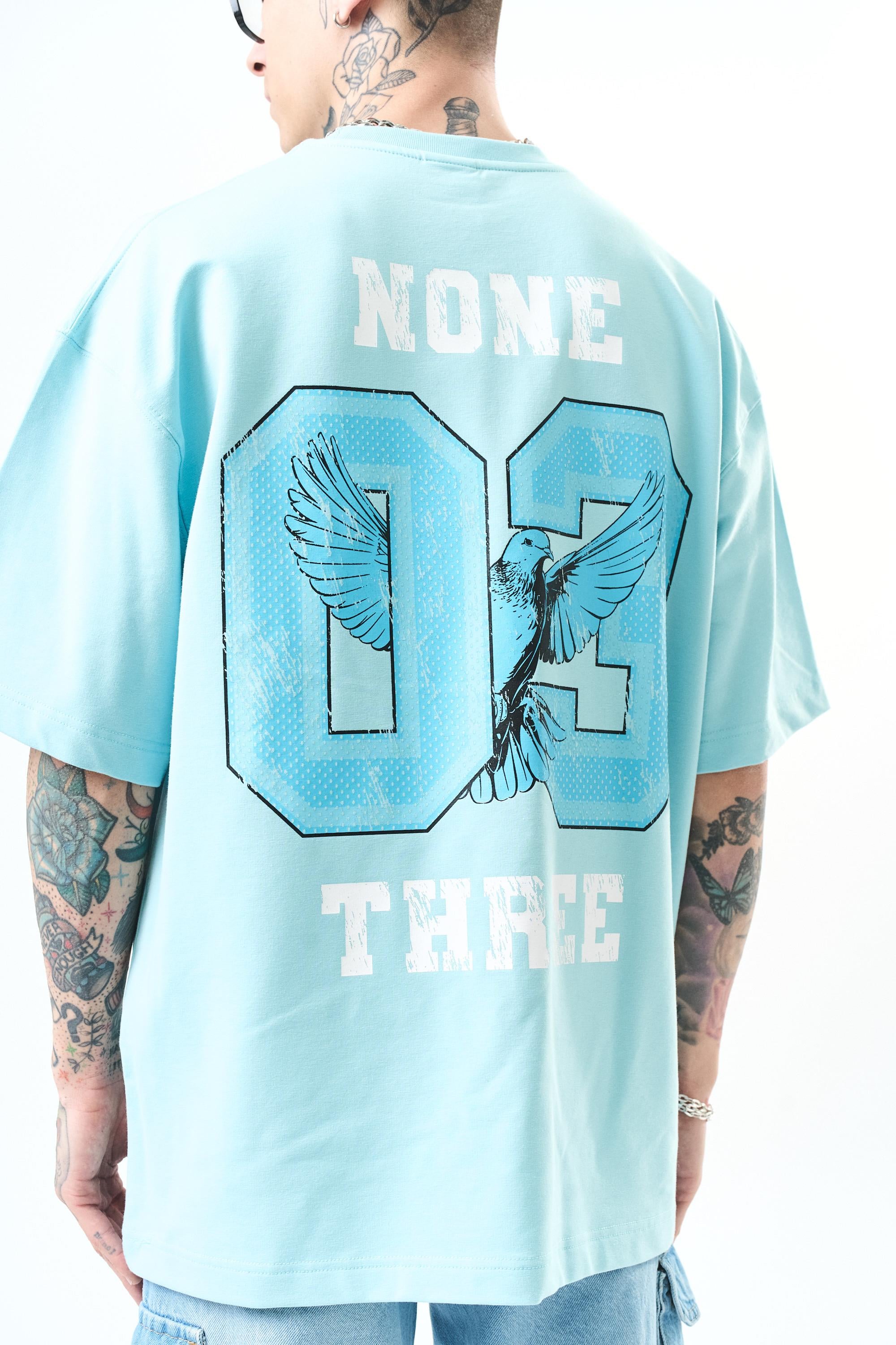Erkek None Three Baskılı Oversize T-Shirt Bebe Mavi
