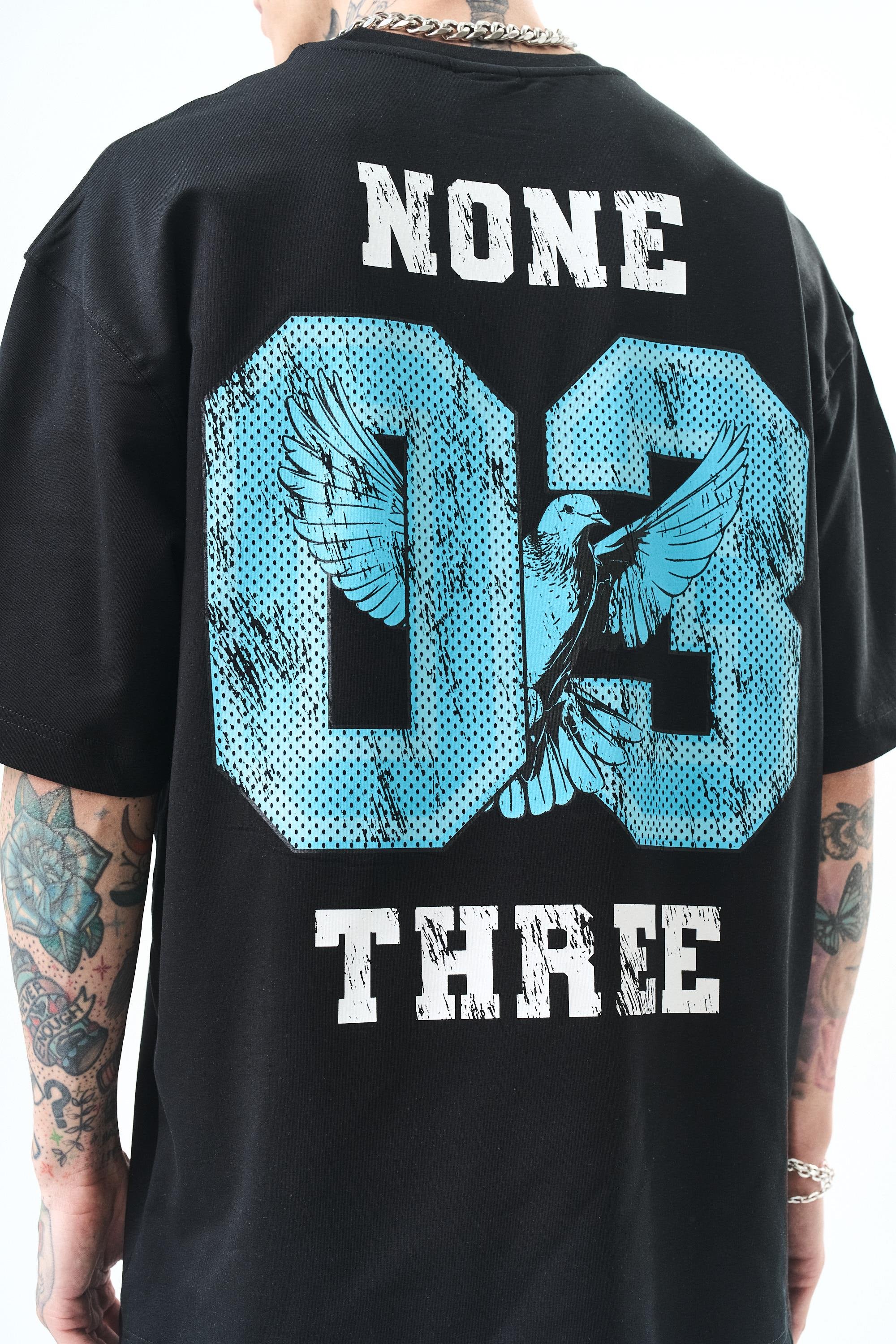 Erkek None Three Baskılı Oversize T-Shirt Siyah