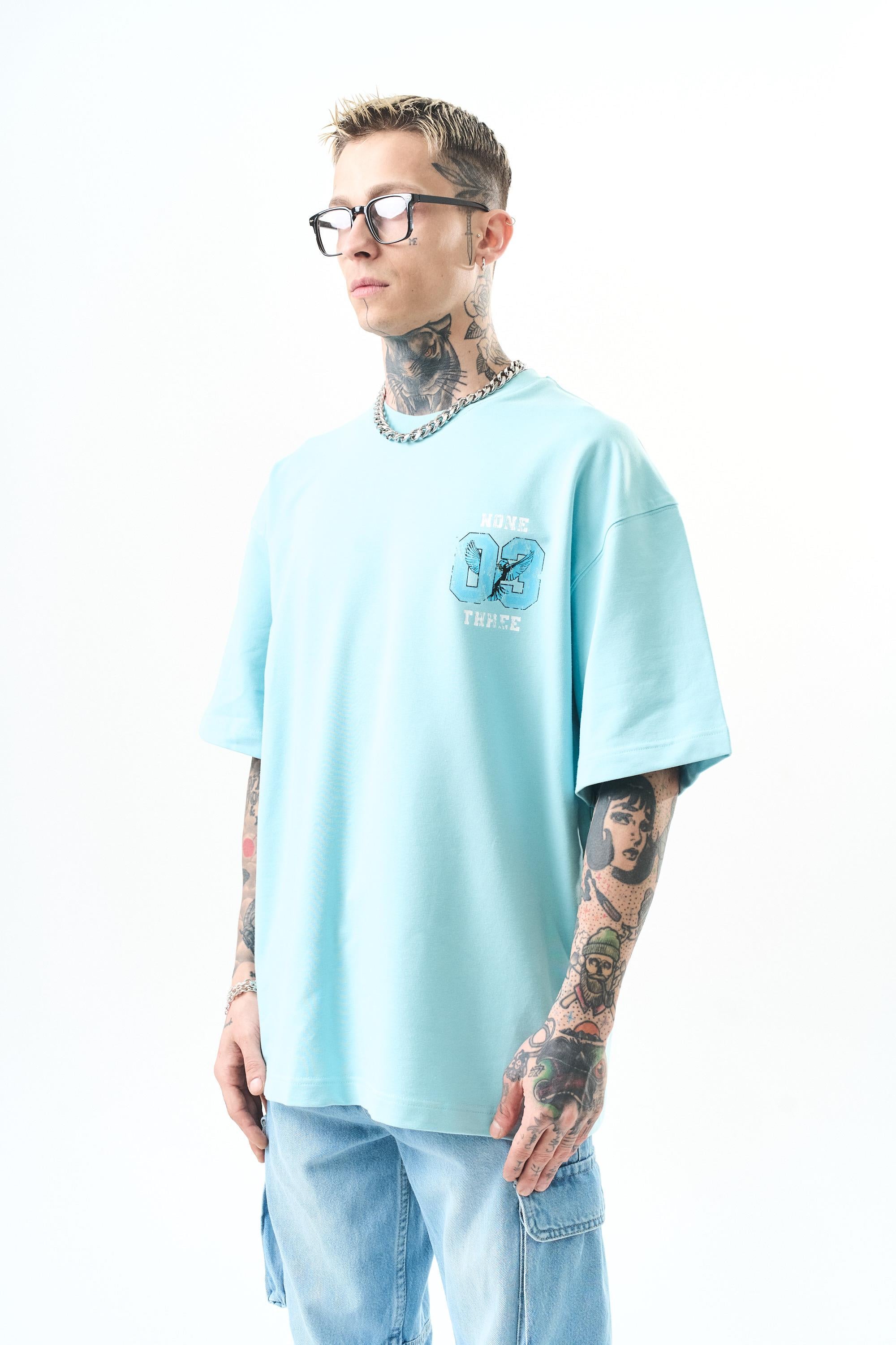 Erkek None Three Baskılı Oversize T-Shirt Bebe Mavi