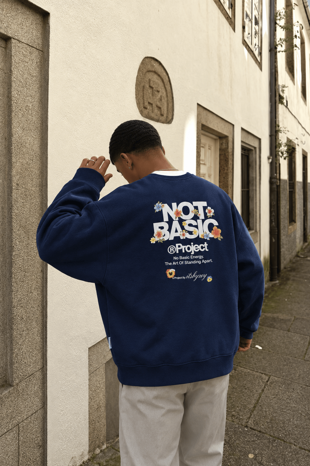 Erkek Not Basic Project Baskılı Oversize Sweatshirt Lacivert