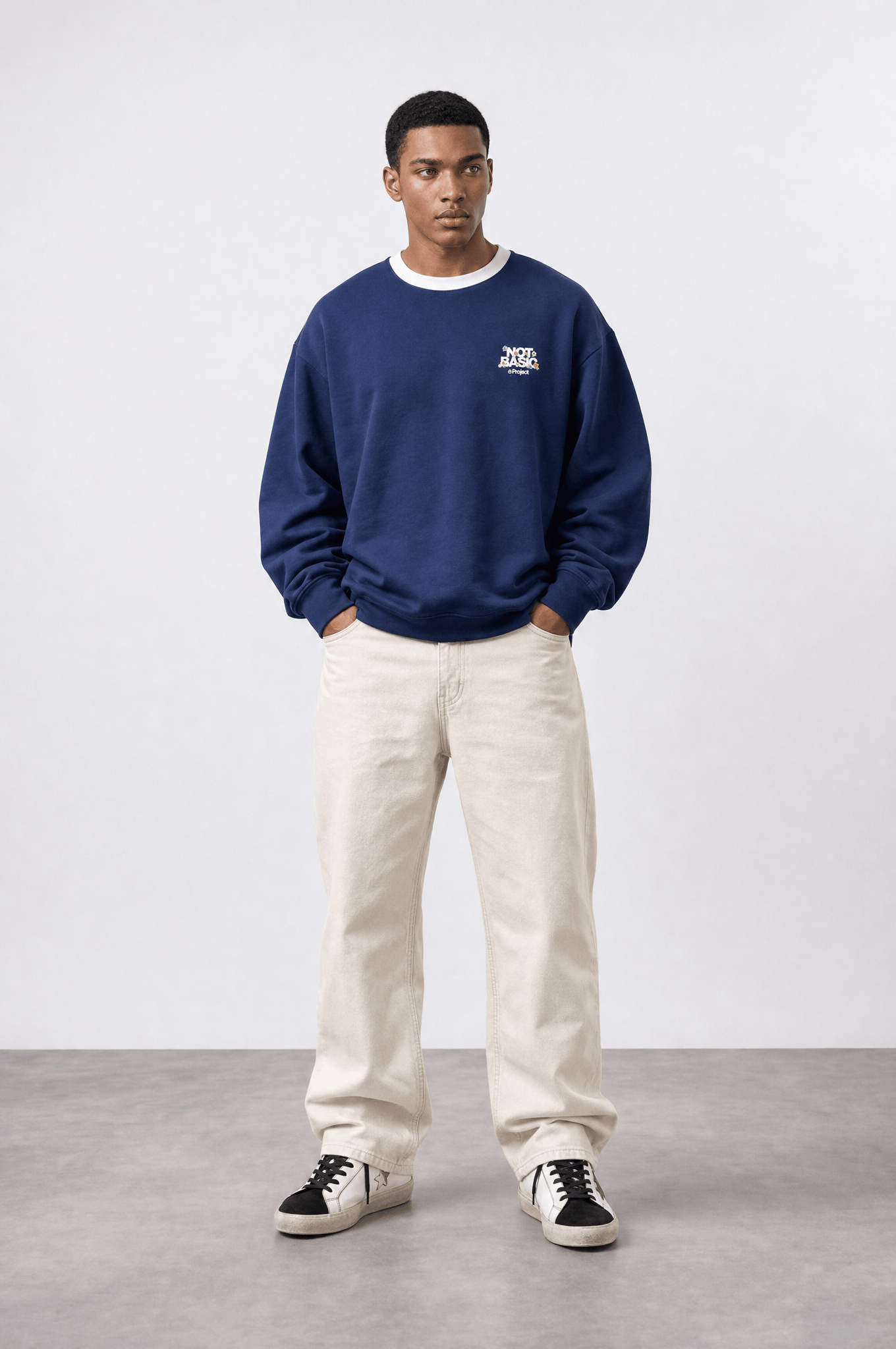 Erkek Not Basic Project Baskılı Oversize Sweatshirt Lacivert