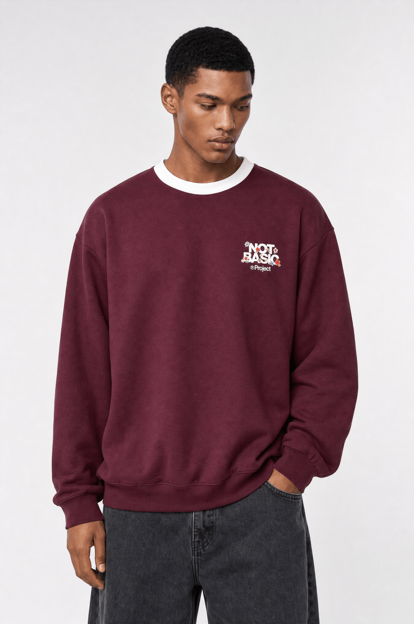 Erkek Not Basic Project Baskılı Oversize Sweatshirt Bordo
