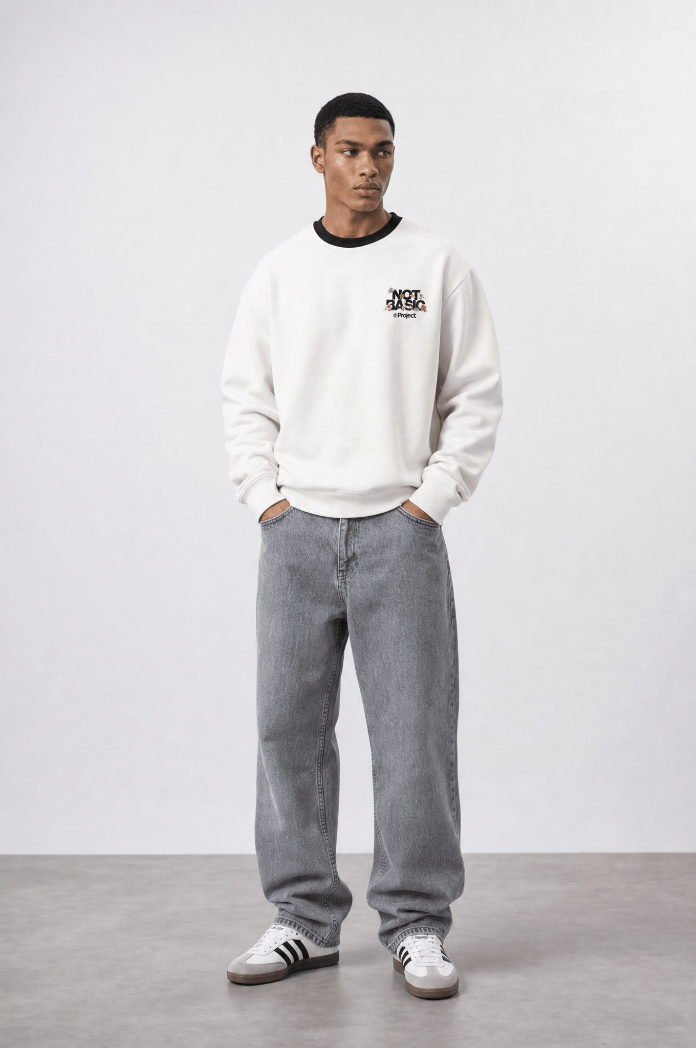 Erkek Not Basic Project Baskılı Oversize Sweatshirt Ekru